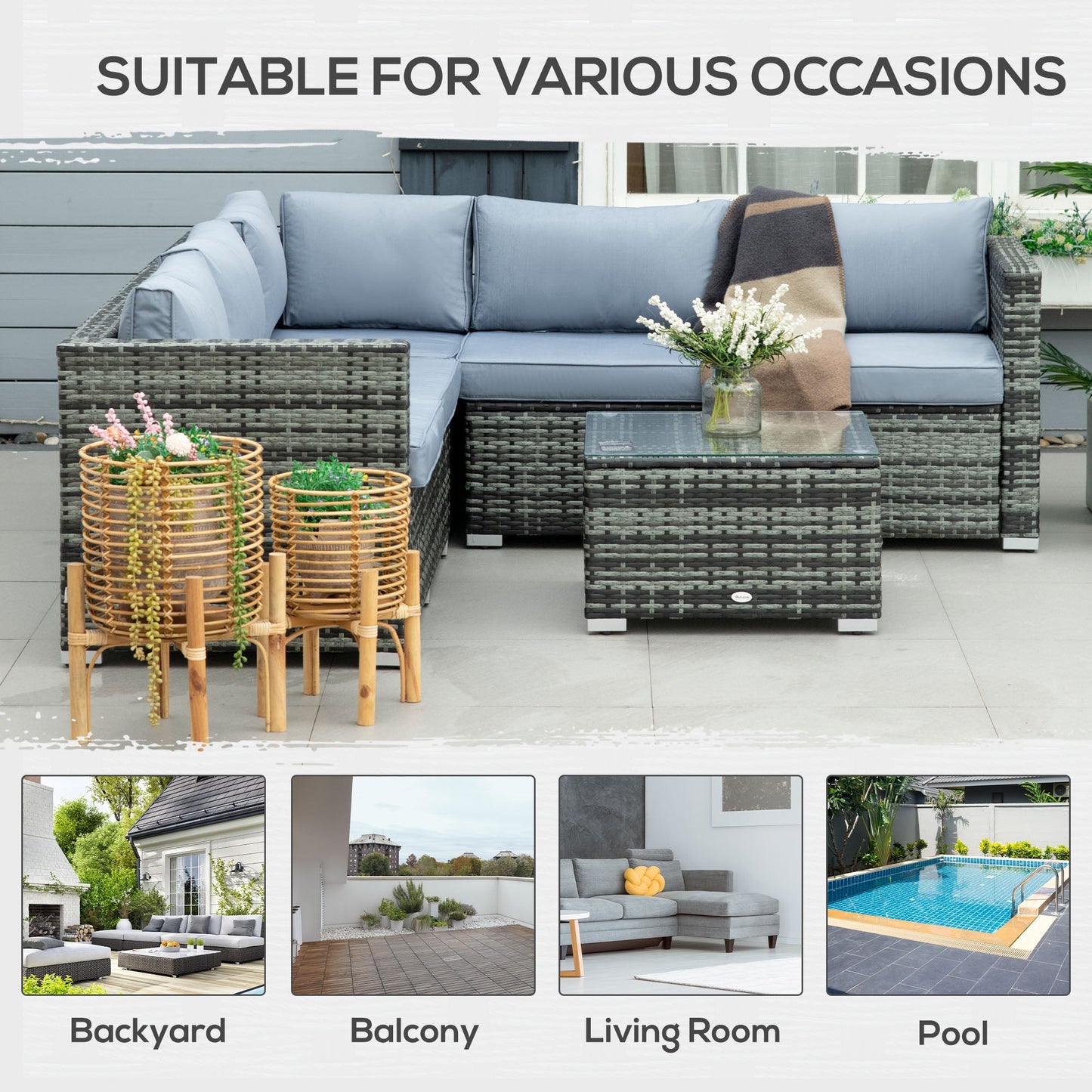4 Pieces Rattan Garden Furniture Set, Wicker Outdoor Furniture Set with Corner Sofa Loveseat Coffee Table Cushions, Conservatory Furniture Set for Patio Balcony Poolside, Grey