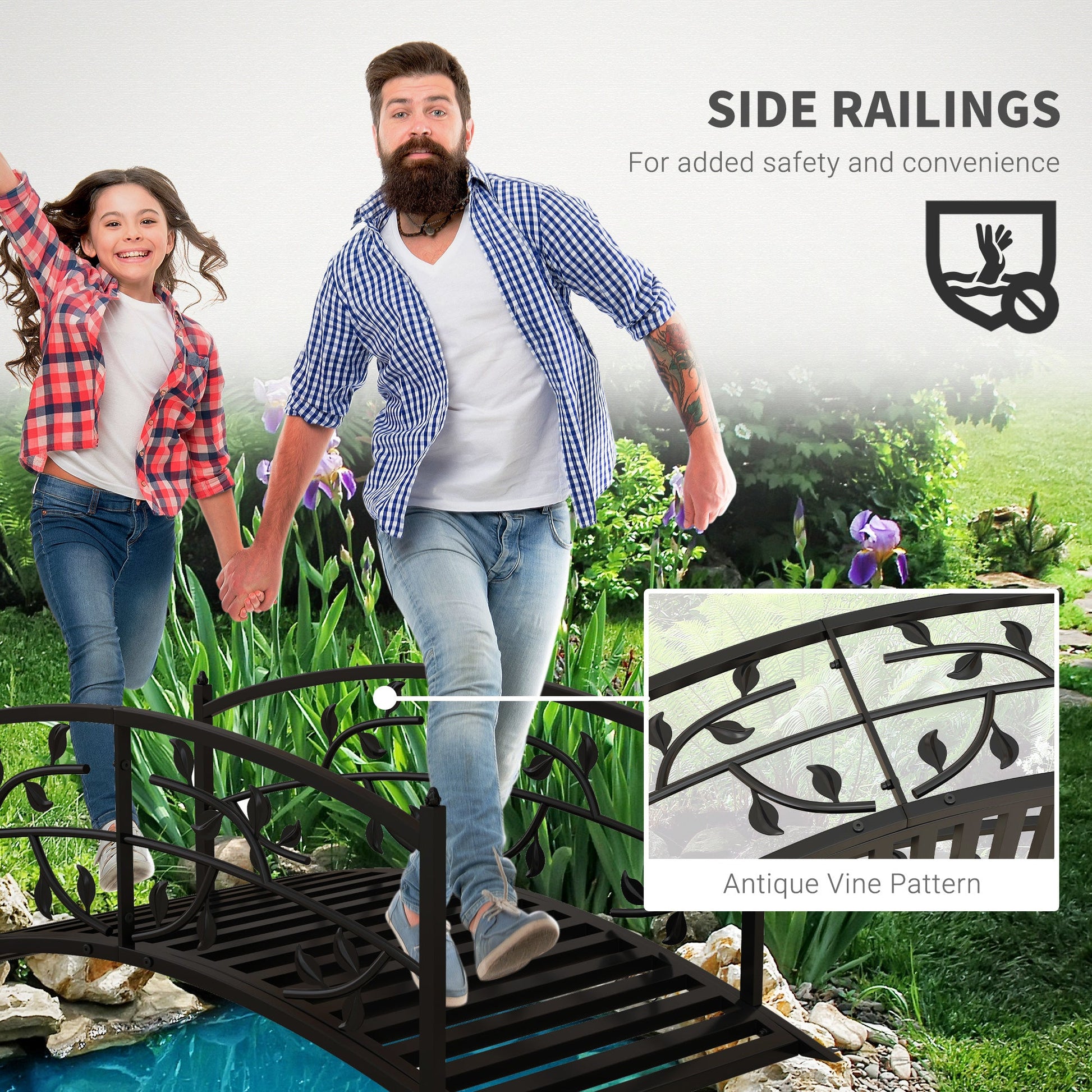 1.2M Metal Garden Bridge with Safety Railings, Classic Retro Arc Footbridge with Vine Pattern, Small Decorative Pond Bridge for Creeks Streams Borders, Black