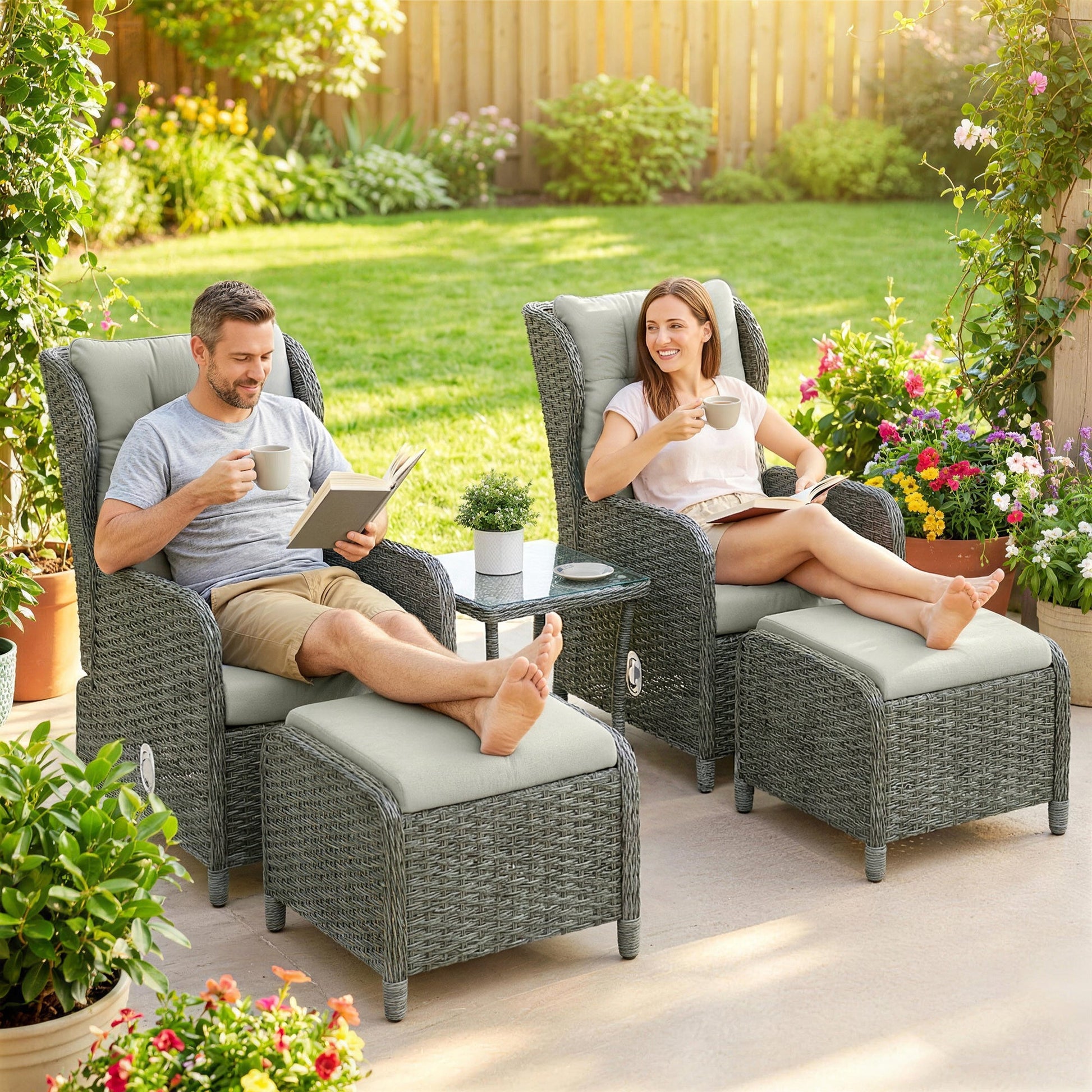 5 Piece Garden Furniture Set, Rattan Reclining Garden Chair Set of 2 with Glass-Top Coffee Table, Footstool and Thickness Cushion for Balcony, Patio, Cream White