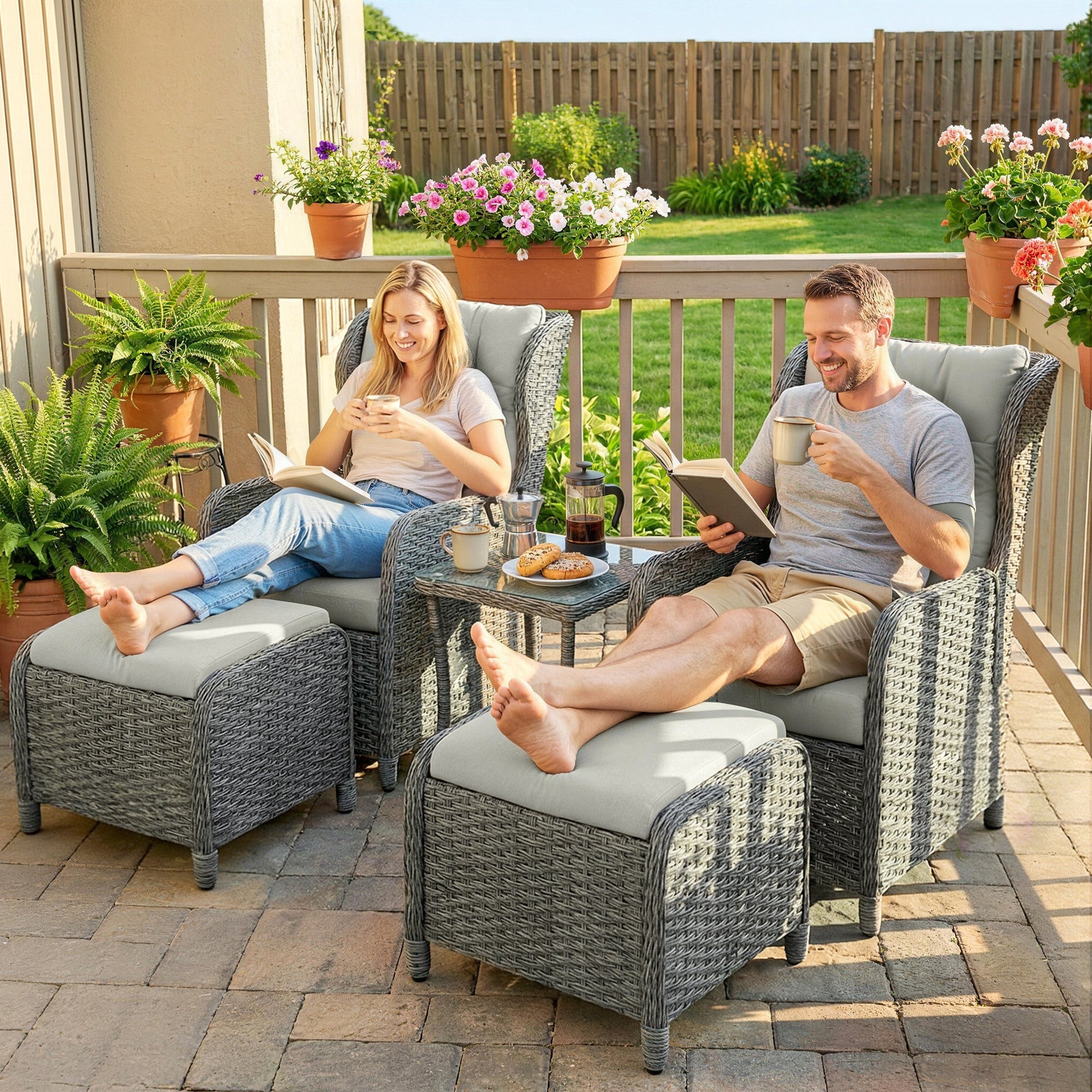5 Piece Garden Furniture Set, Rattan Reclining Garden Chair Set of 2 with Glass-Top Coffee Table, Footstool and Thickness Cushion for Balcony, Patio, Cream White