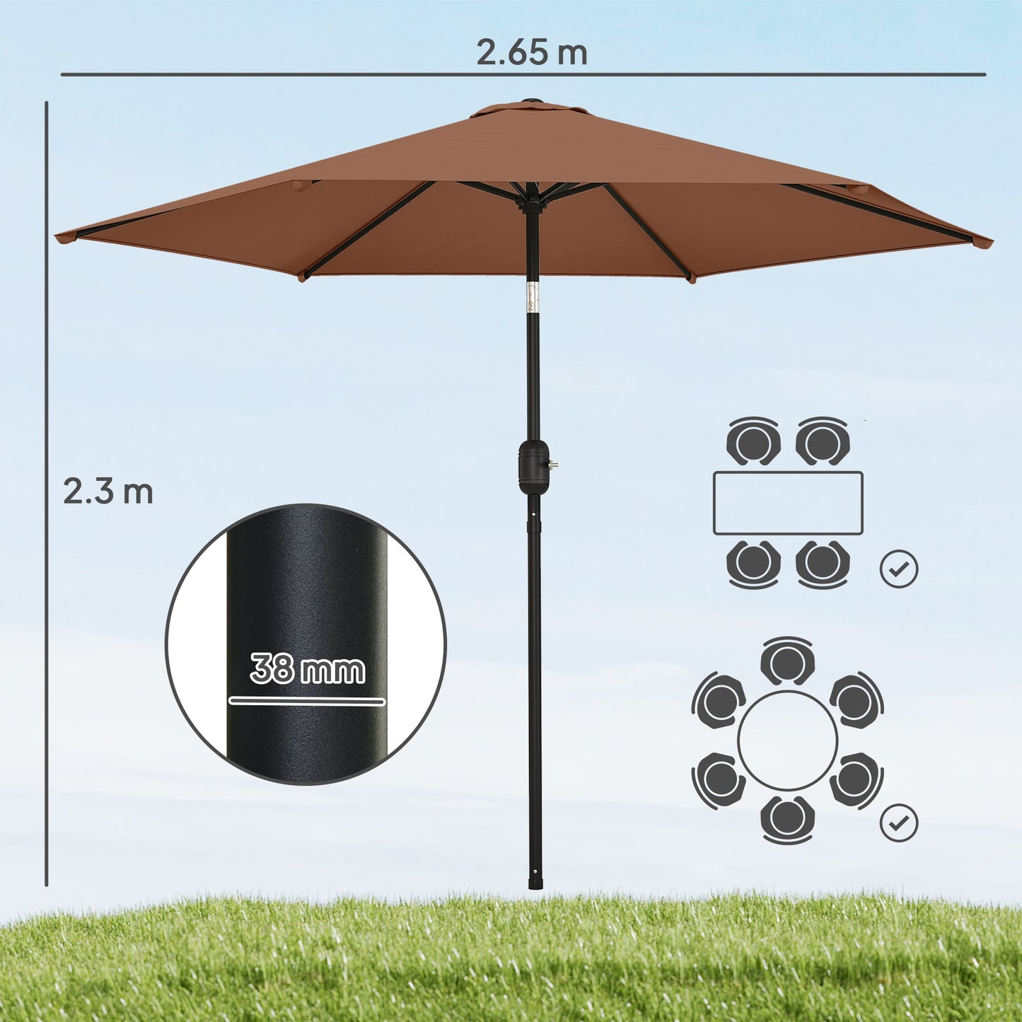 2.6 m Garden Parasol Umbrella with Aluminium Pole, Outdoor Table Market Patio Umbrella Sun Shade with Tilt and Crank, Vent, Coffee