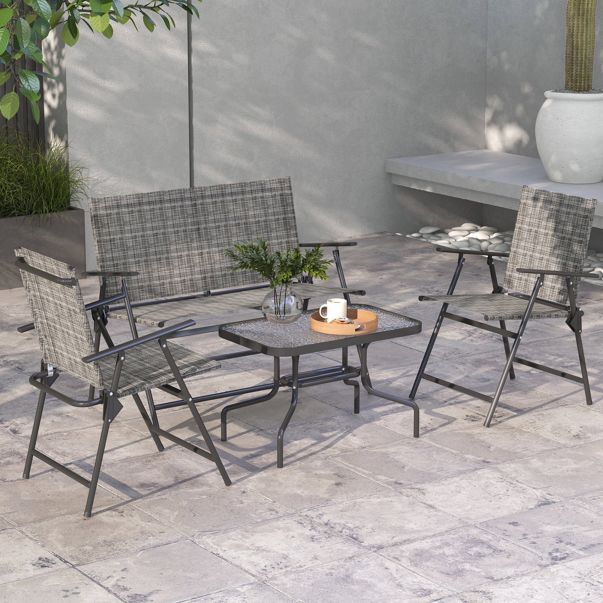 Outdoor 4 Pieces Patio Furniture Set with Breathable Mesh Fabric Seat & Backrest, Garden Set with Two Foldable Armchairs, a Loveseat & Glass Top Table, Mixed Grey