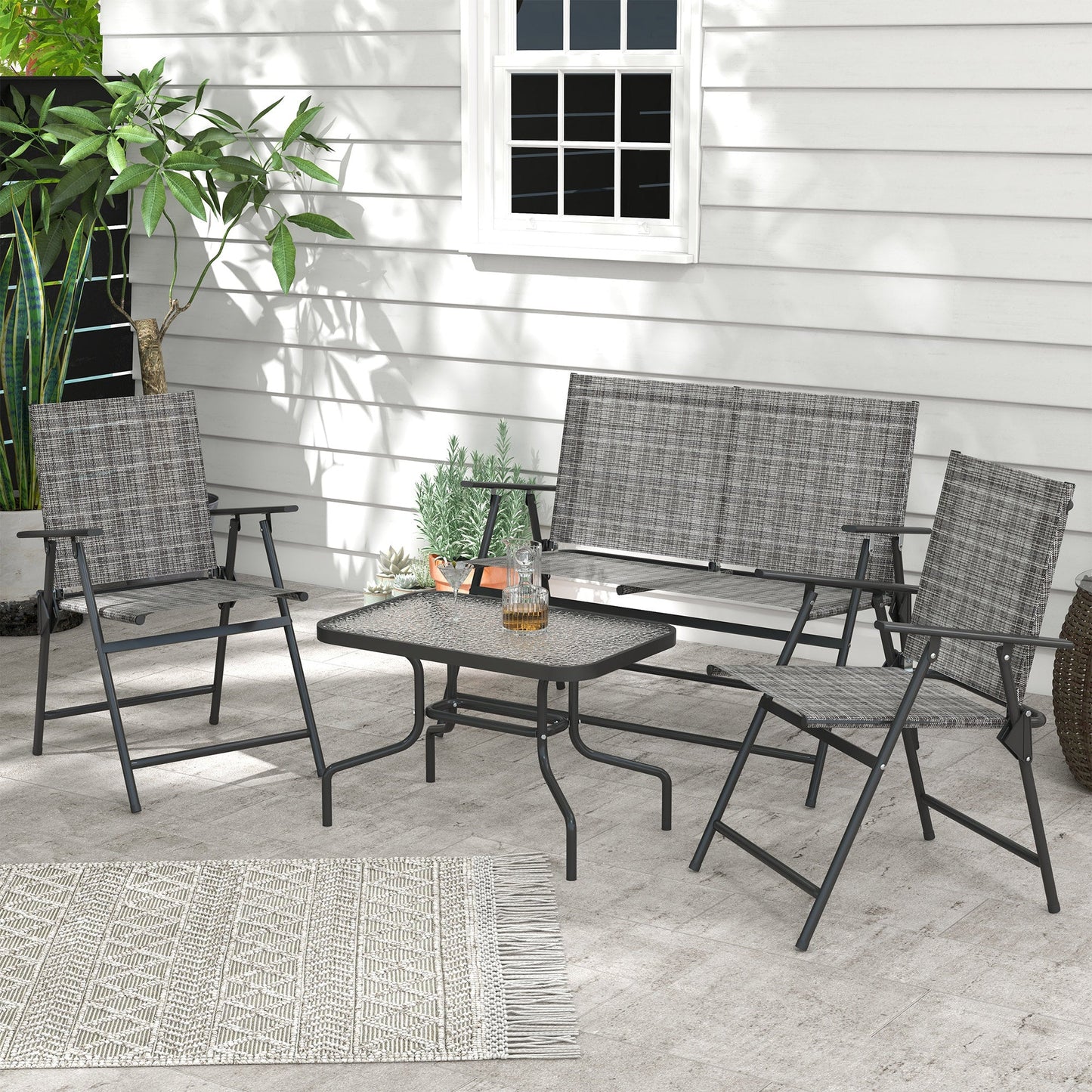 Outdoor 4 Pieces Patio Furniture Set with Breathable Mesh Fabric Seat & Backrest, Garden Set with Two Foldable Armchairs, a Loveseat & Glass Top Table, Mixed Grey
