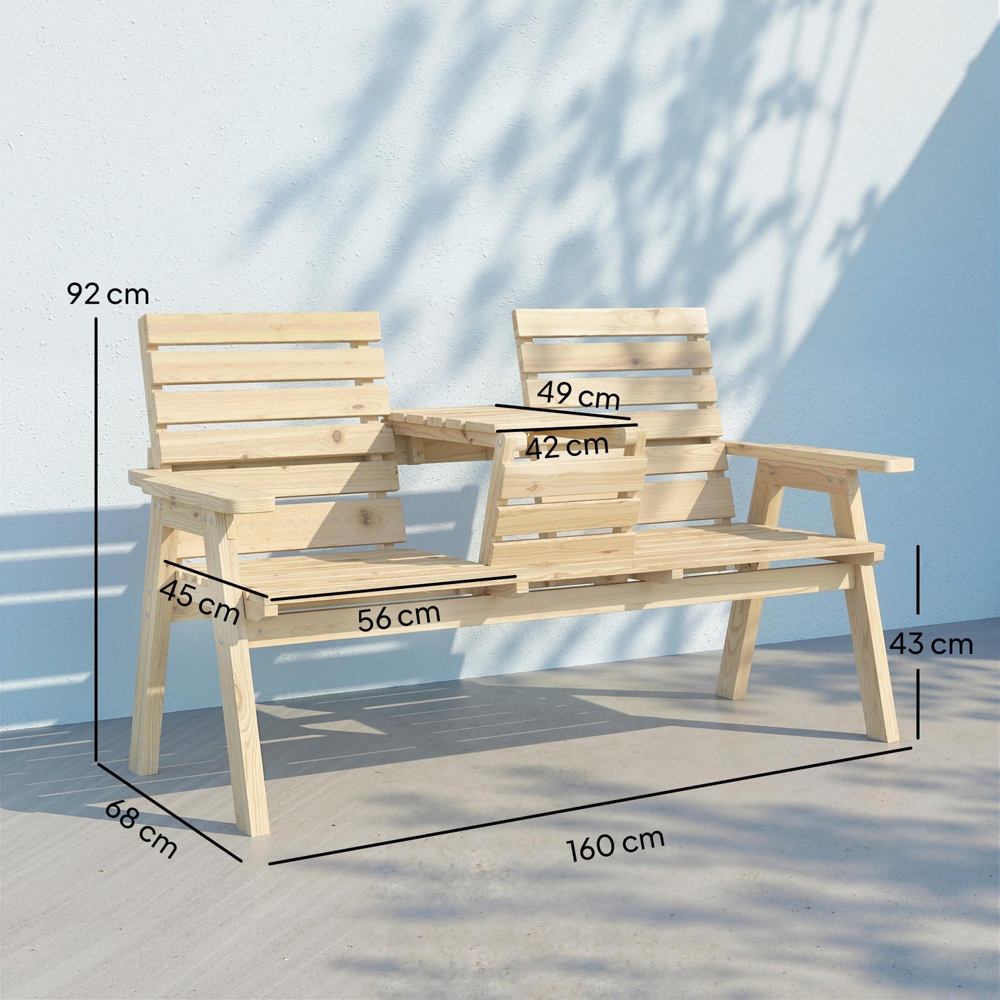 2 Seater Wooden Garden Bench with Convertible Middle Table, Outdoor Three-Seater Bench for Patio, Park, Porch, Natural Wood Finish
