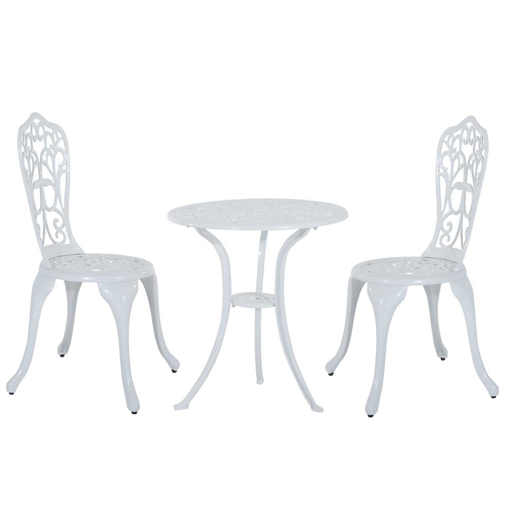 3 Pieces Antique Garden Bistro Set for 2, Cast Aluminium Garden Furniture Set with Umbrella Hole for Balcony, Porch, Patio, White