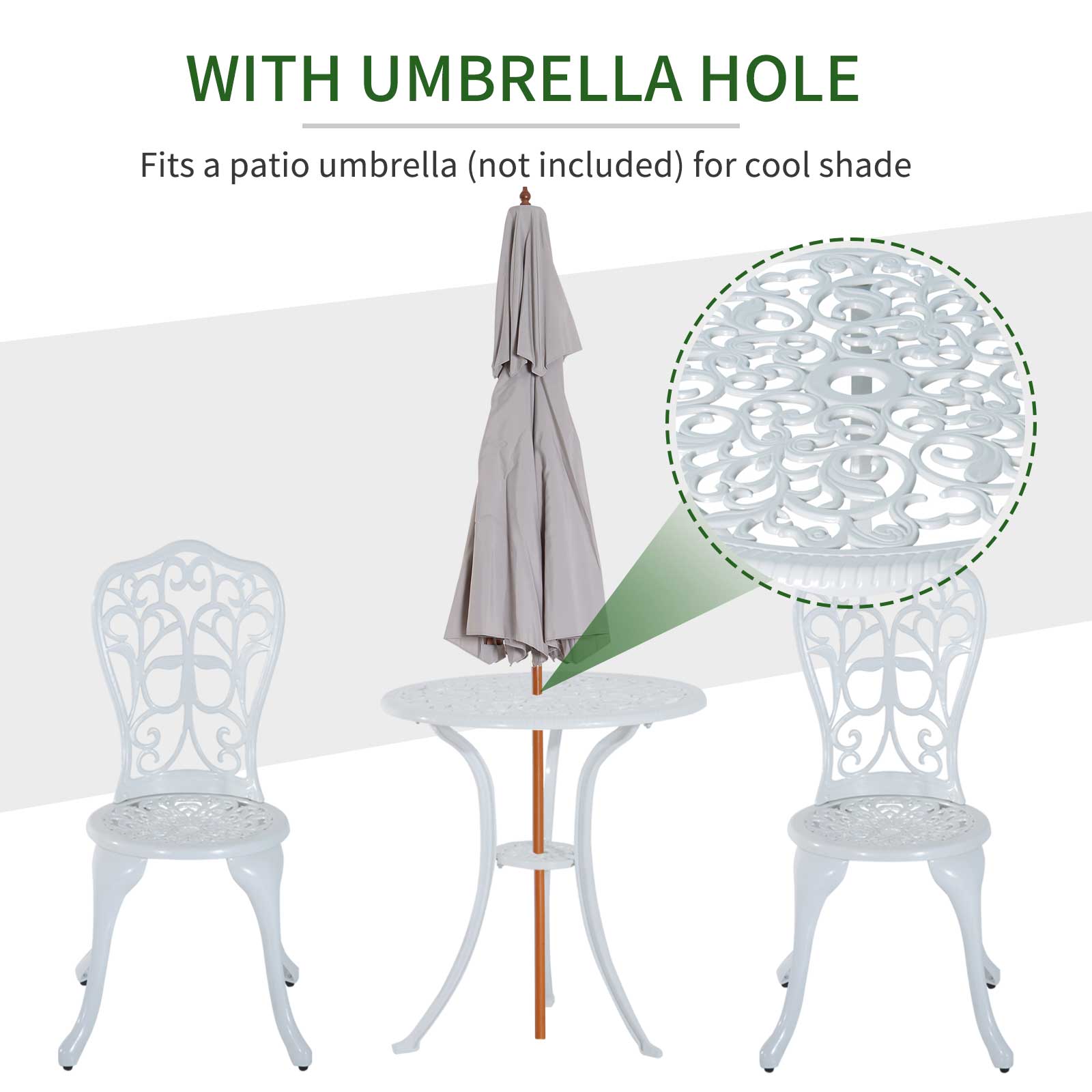 3 Pieces Antique Garden Bistro Set for 2, Cast Aluminium Garden Furniture Set with Umbrella Hole for Balcony, Porch, Patio, White