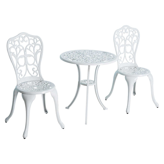 3 Pieces Antique Garden Bistro Set for 2, Cast Aluminium Garden Furniture Set with Umbrella Hole for Balcony, Porch, Patio, White