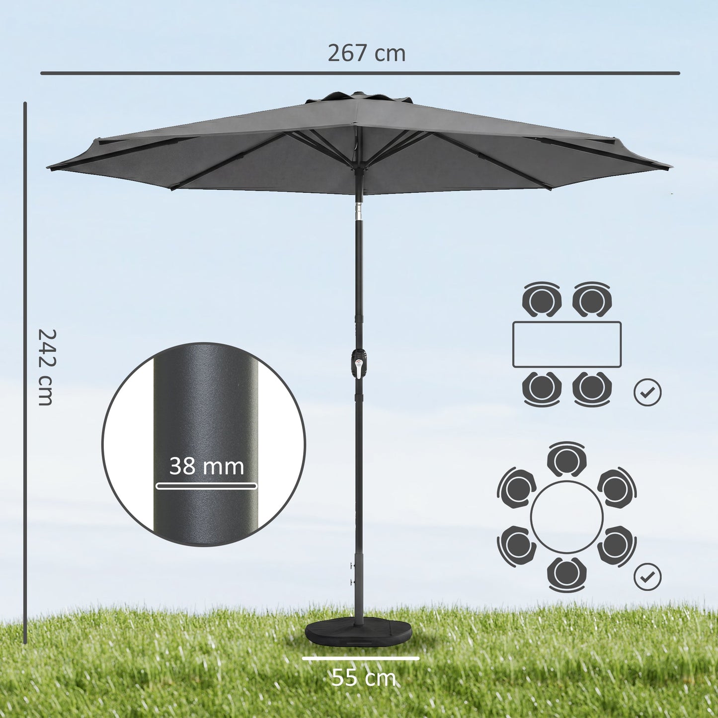 2.7 m Garden Parasol Umbrella with Cross Base and Sandbag, Retractable Ribs, Outdoor Table Market Patio Umbrella Sun Shade with 30 Degree Tilt and Crank, Vent, Light Grey