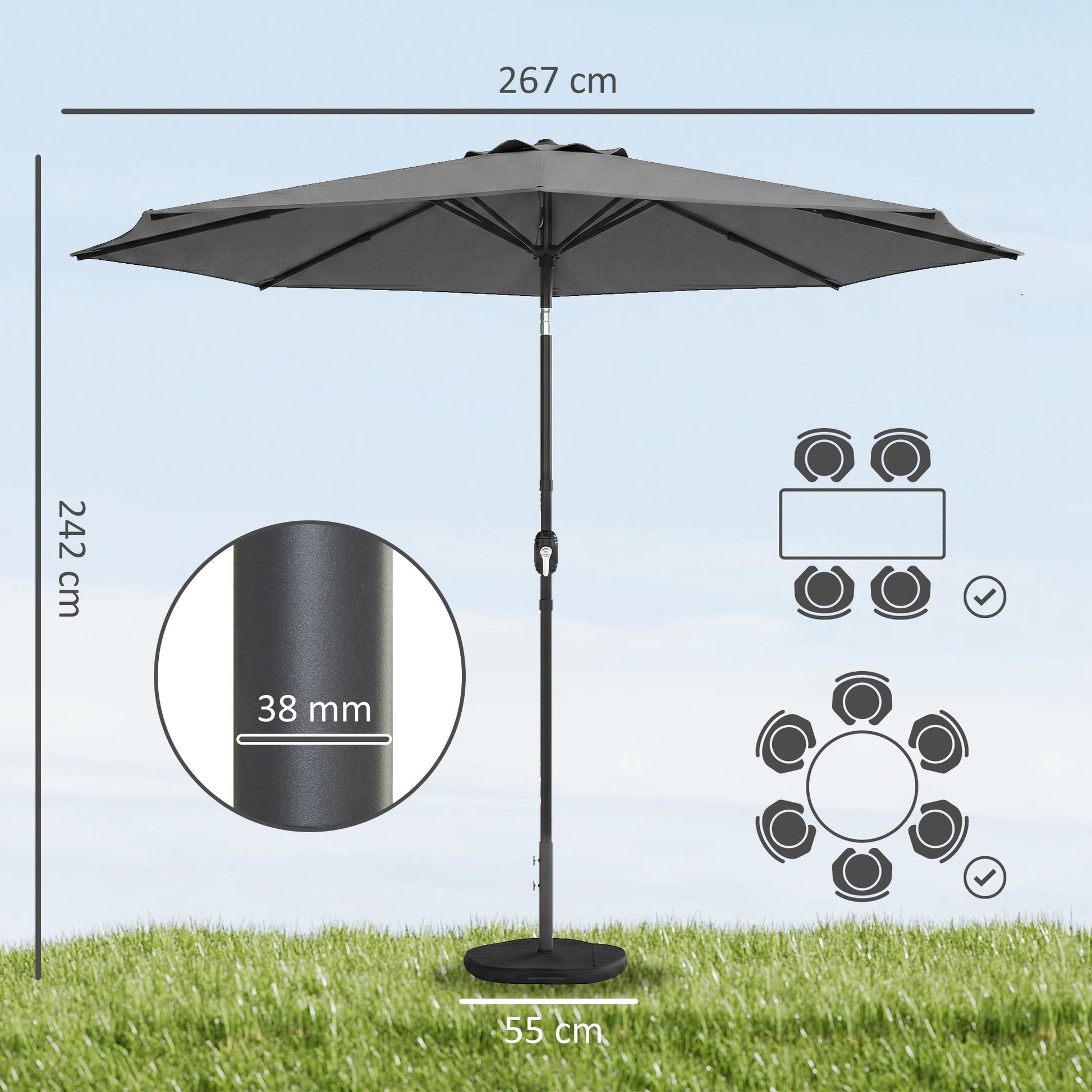 2.7 m Garden Parasol Umbrella with Cross Base and Sandbag, Retractable Ribs, Outdoor Table Market Patio Umbrella Sun Shade with 30 Degree Tilt and Crank, Vent, Light Grey