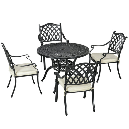 4 Seater Outdoor Dining Set Antique Cast Aluminium Garden Furniture Set with Cushions Round Dining Table with Parasol Hole, Black