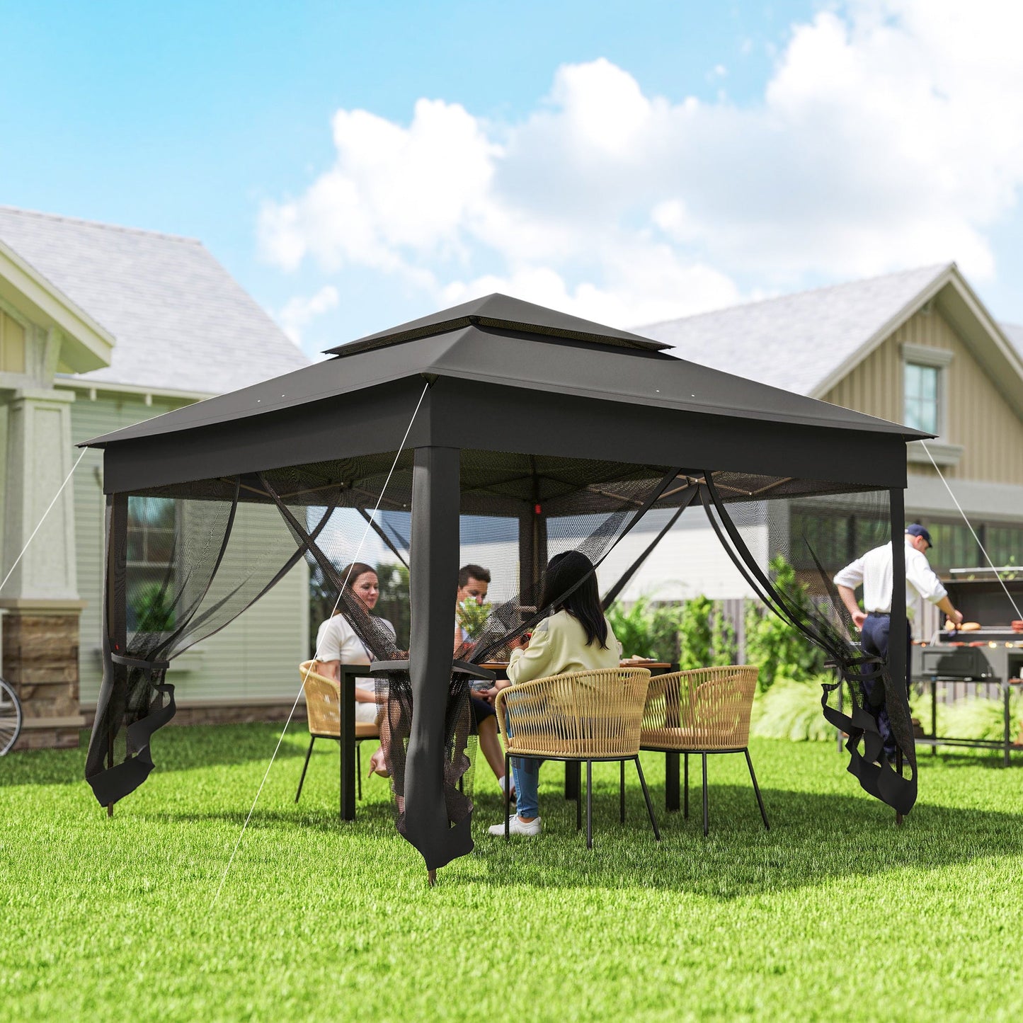 3 x 3(m) Pop Up Gazebo, Double-roof Garden Tent with Netting and Carry Bag, Party Event Shelter for Outdoor Patio, Black