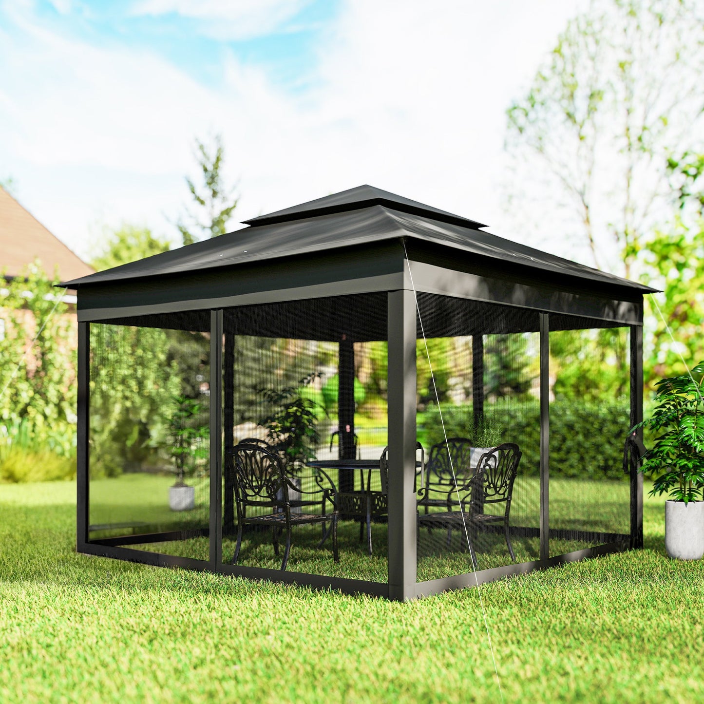 3 x 3(m) Pop Up Gazebo, Double-roof Garden Tent with Netting and Carry Bag, Party Event Shelter for Outdoor Patio, Black