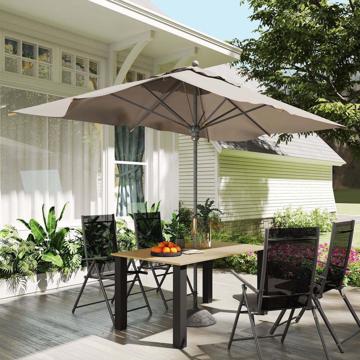 Garden Dining Table for 6 Person with Parasol Hole, Rectangle Outdoor Garden Table with Slatted Metal Tabletop, Steel Frame for Patio, Balcony, 150 x 90 x 73 cm, Brown