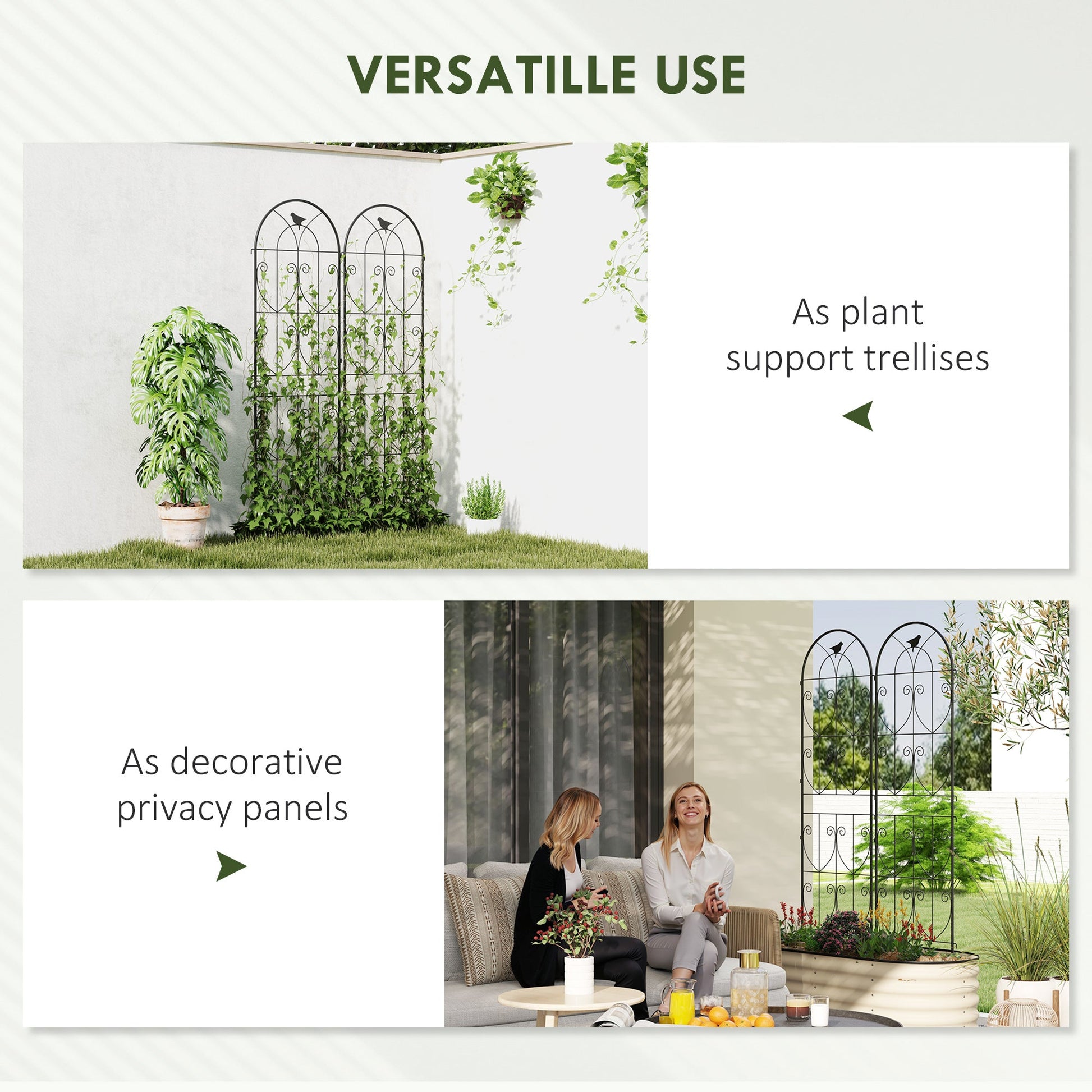Set of 2 Metal Garden Trellis, Decorative Trellis Panels for Climbing Outdoor Plants, Vegetables, Vines, Flowers, 180 x 50 cm, Bird Design