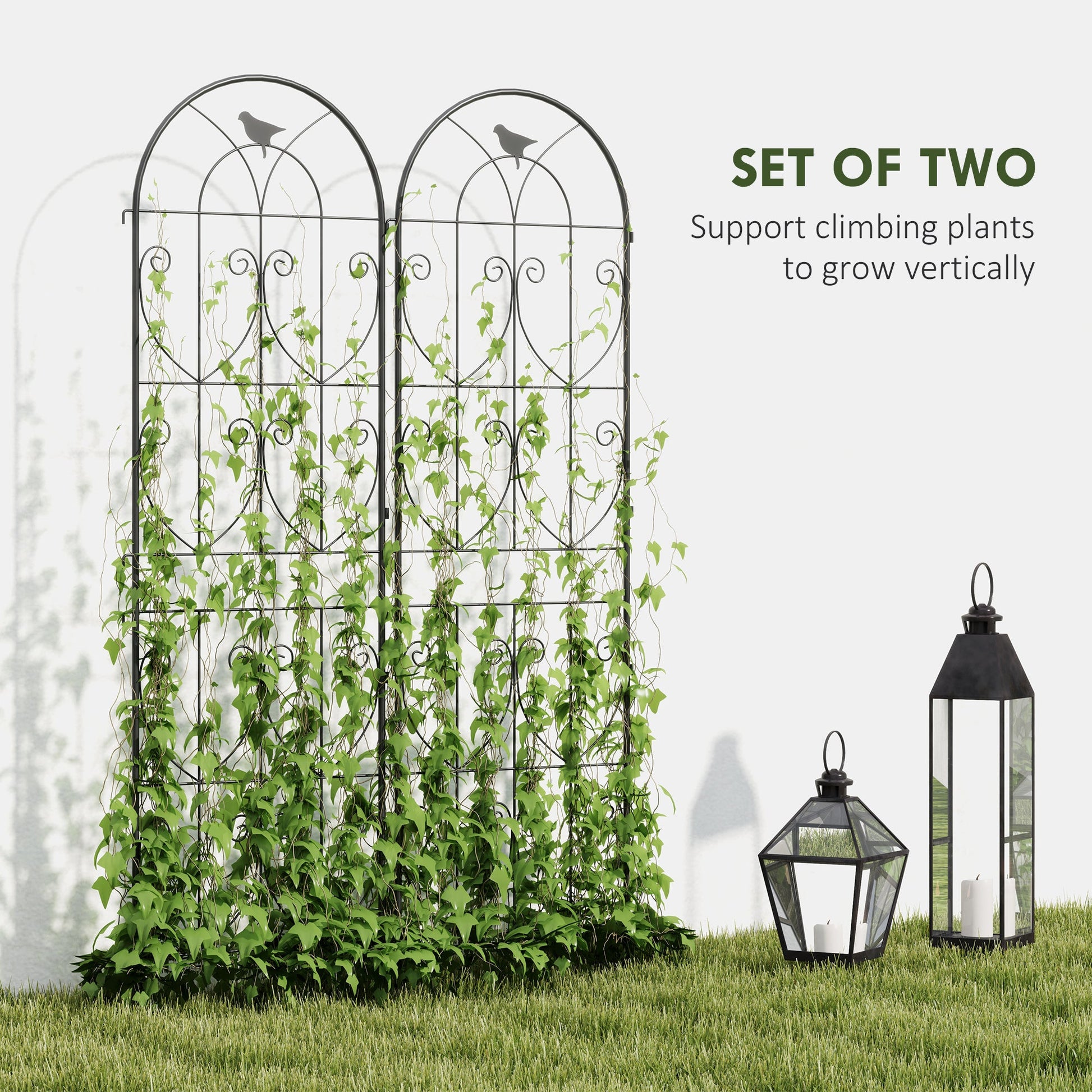 Set of 2 Metal Garden Trellis, Decorative Trellis Panels for Climbing Outdoor Plants, Vegetables, Vines, Flowers, 180 x 50 cm, Bird Design