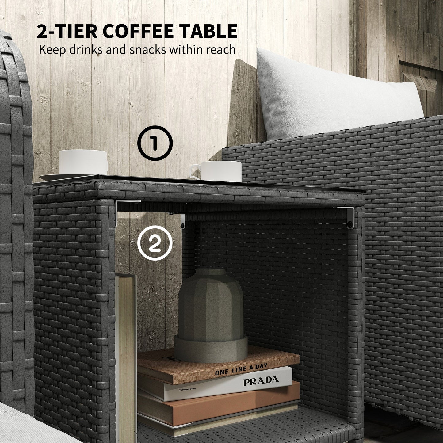 5 Piece Rattan Garden Furniture Set, Wicker Patio Conversation Set with 2 Chairs, 2-Tier Coffee Table, 2 Ottomans and Thick Cushions for Outdoor, Balcony, Bistro, Porch, Grey