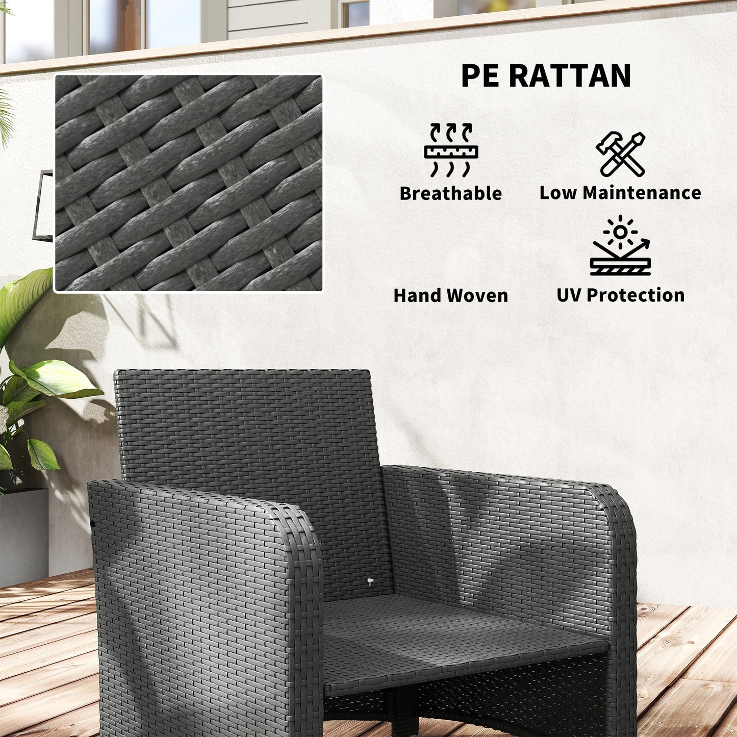 5 Piece Rattan Garden Furniture Set, Wicker Patio Conversation Set with 2 Chairs, 2-Tier Coffee Table, 2 Ottomans and Thick Cushions for Outdoor, Balcony, Bistro, Porch, Grey
