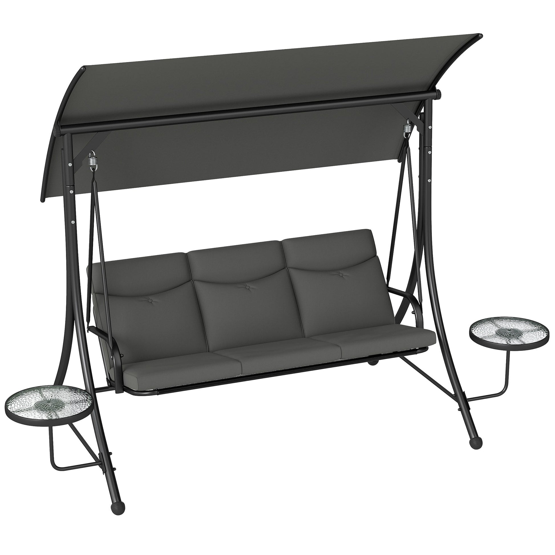 3 Seater Garden Swing Seat Swing Chair with Adjustable Canopy, Removable Cushion and Coffee Tables for Outdoor Patio Garden Dark Grey