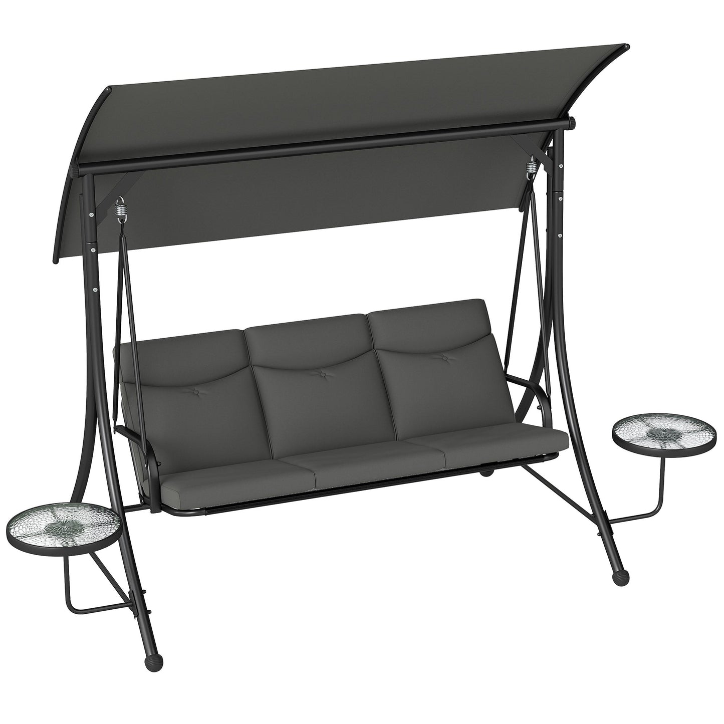3 Seater Garden Swing Seat Swing Chair with Adjustable Canopy, Removable Cushion and Coffee Tables for Outdoor Patio Garden Dark Grey