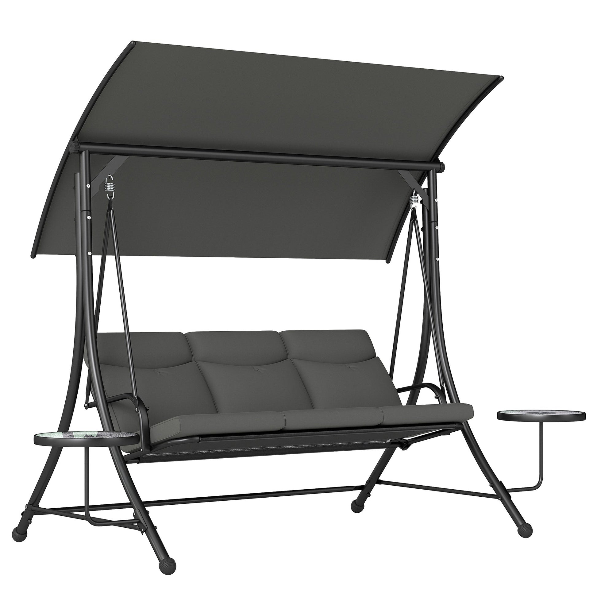 3 Seater Garden Swing Seat Swing Chair with Adjustable Canopy, Removable Cushion and Coffee Tables for Outdoor Patio Garden Dark Grey
