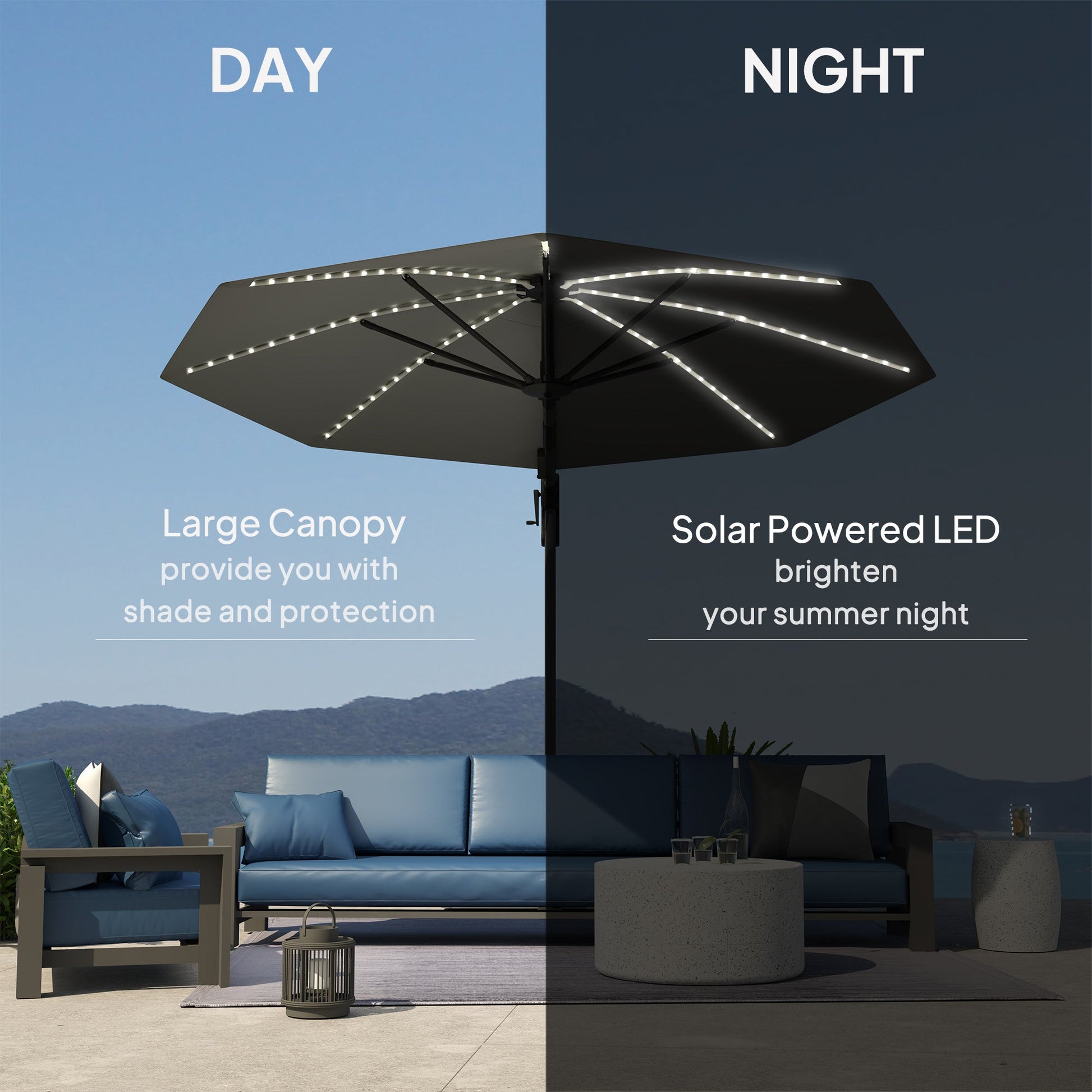 3(m) Cantilever Garden Parasol with Solar Powered Lights, Crank Handle & Cross Base, UPF 50+, 360° Rotation, Overhanging Patio Umbrella for Patio Market, Dark Grey