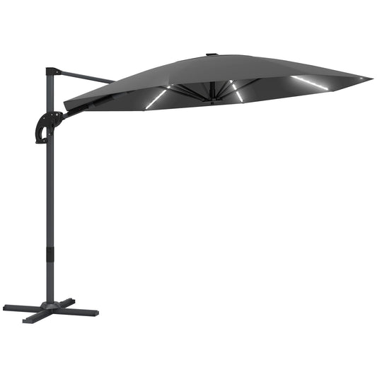 3(m) Cantilever Garden Parasol with Solar Powered Lights, Crank Handle & Cross Base, UPF 50+, 360° Rotation, Overhanging Patio Umbrella for Patio Market, Dark Grey