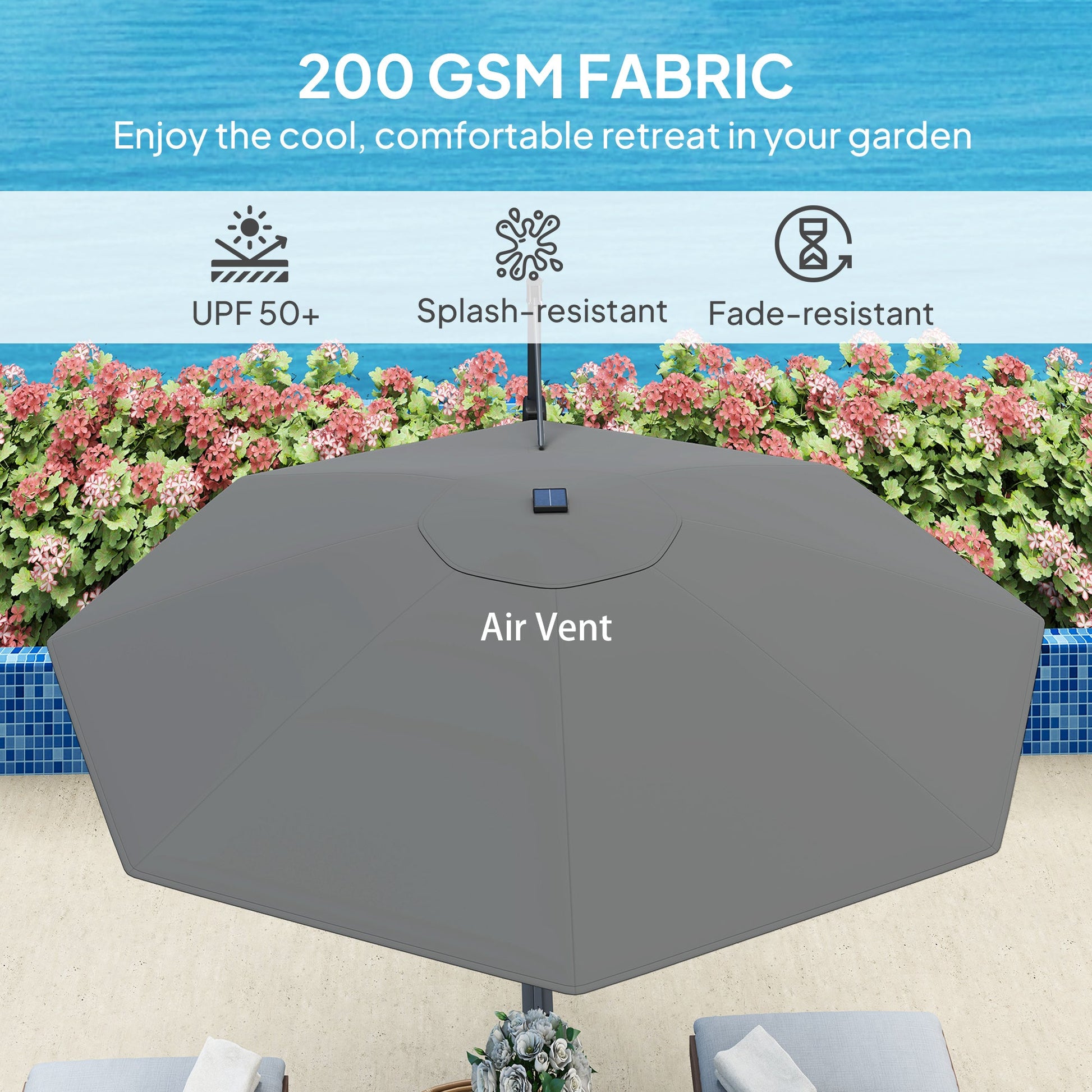3(m) Cantilever Garden Parasol with Solar Powered Lights, Crank Handle & Cross Base, UPF 50+, 360° Rotation, Overhanging Patio Umbrella for Patio Market, Dark Grey