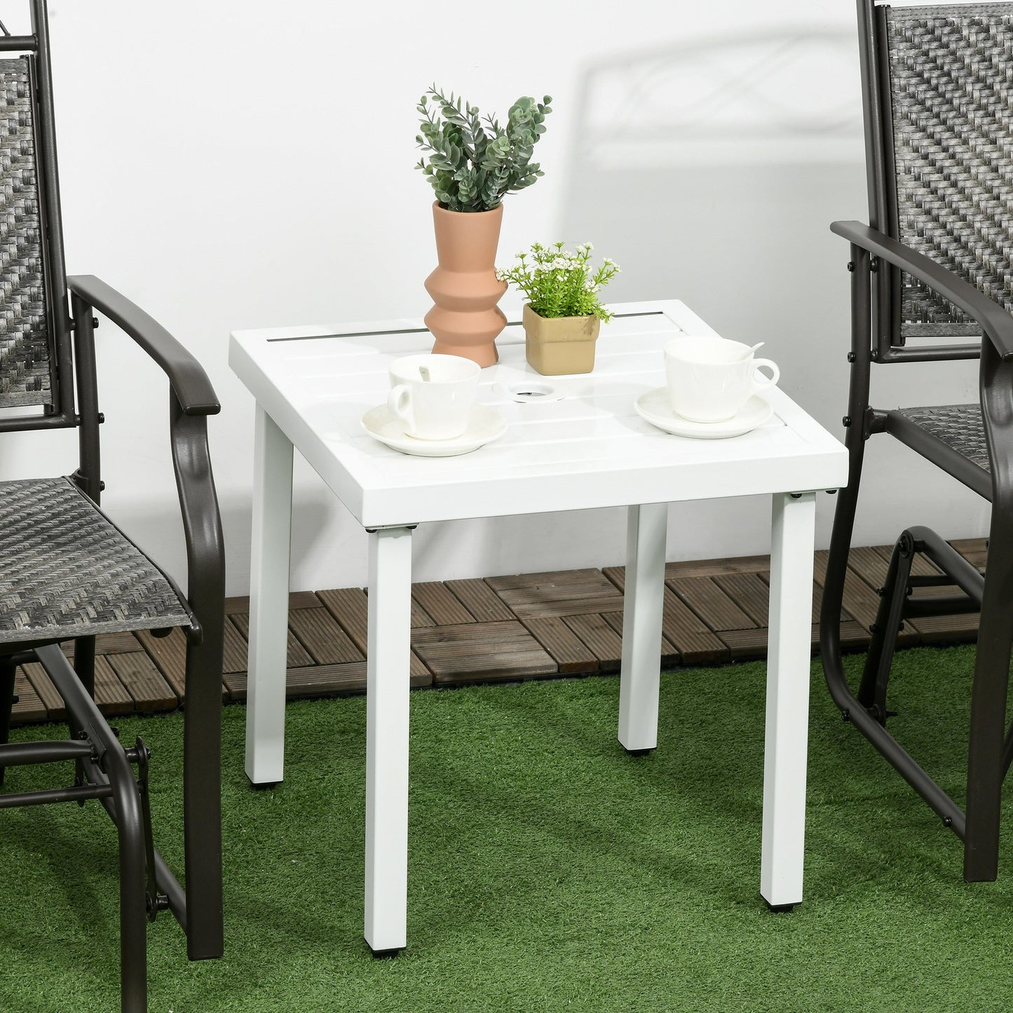 Garden Side Table, 51x51cm Square Patio Coffee Table with Umbrella Hole, End Table with Steel Frame for Balcony, White