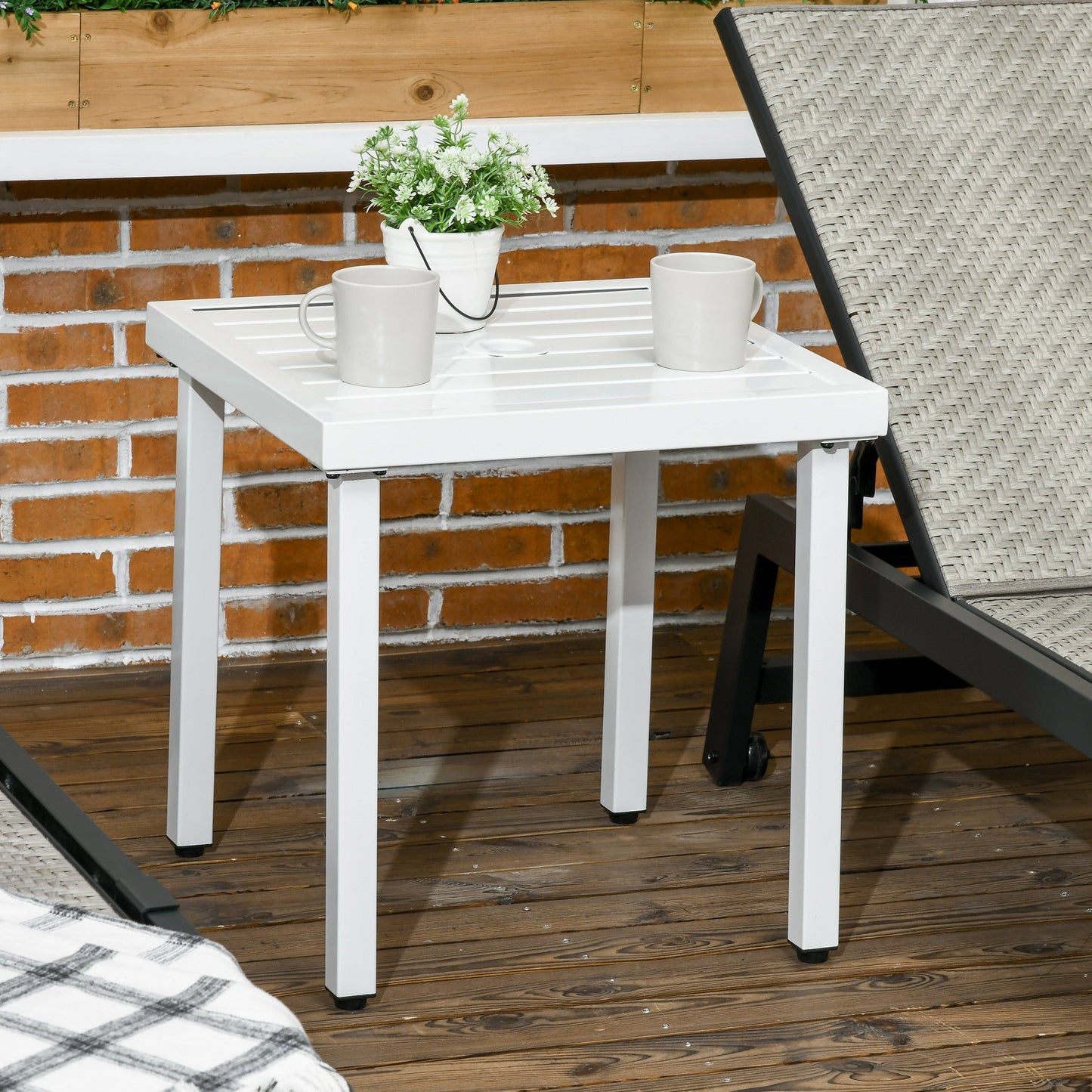 Garden Side Table, 51x51cm Square Patio Coffee Table with Umbrella Hole, End Table with Steel Frame for Balcony, White
