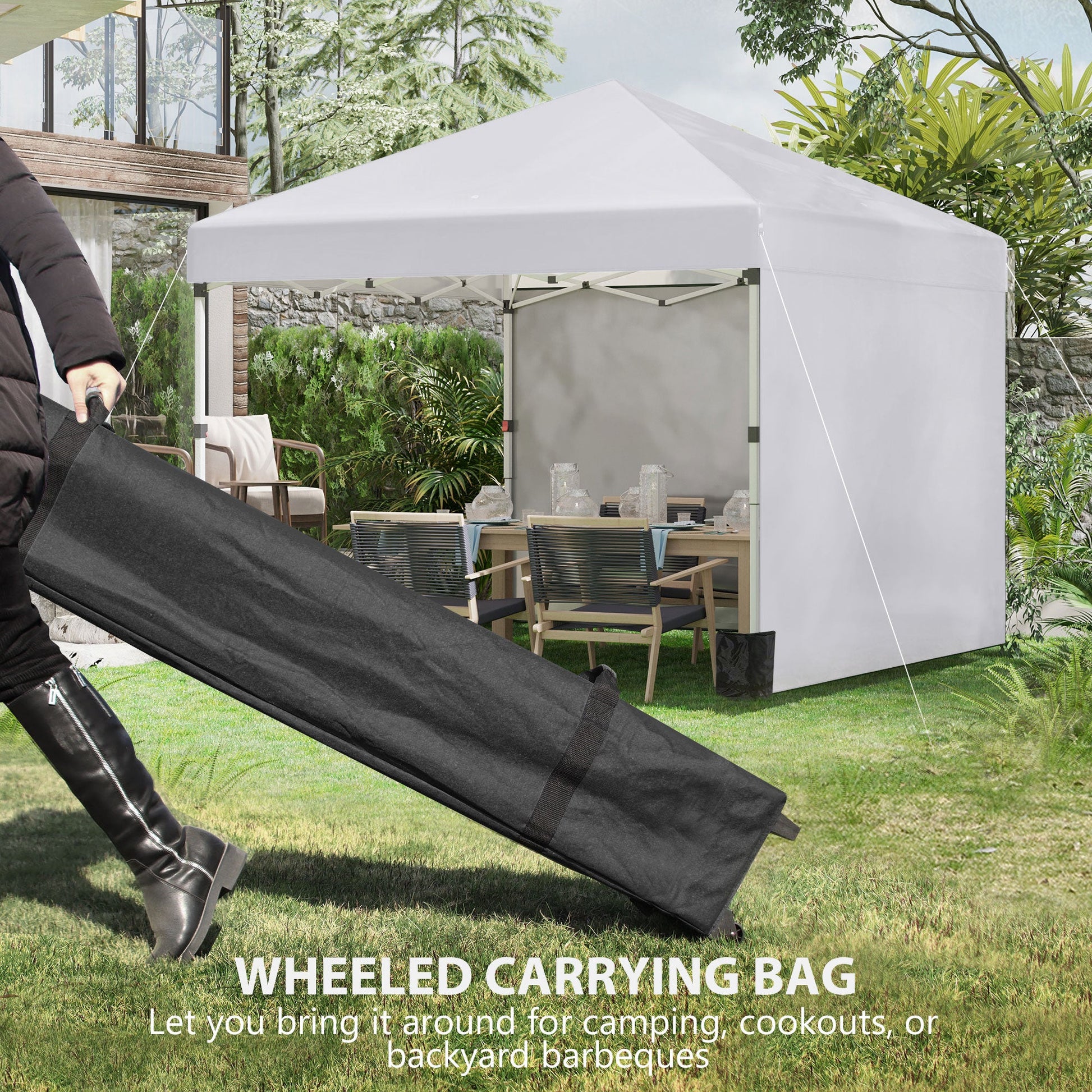 3 x 3 (M) Pop Up Gazebo, UPF 30+ with 2 Sidewalls, Leg Weight Bags and Wheeled Bag, Height Adjustable Party Tent Event Shelter for Garden, Patio, White