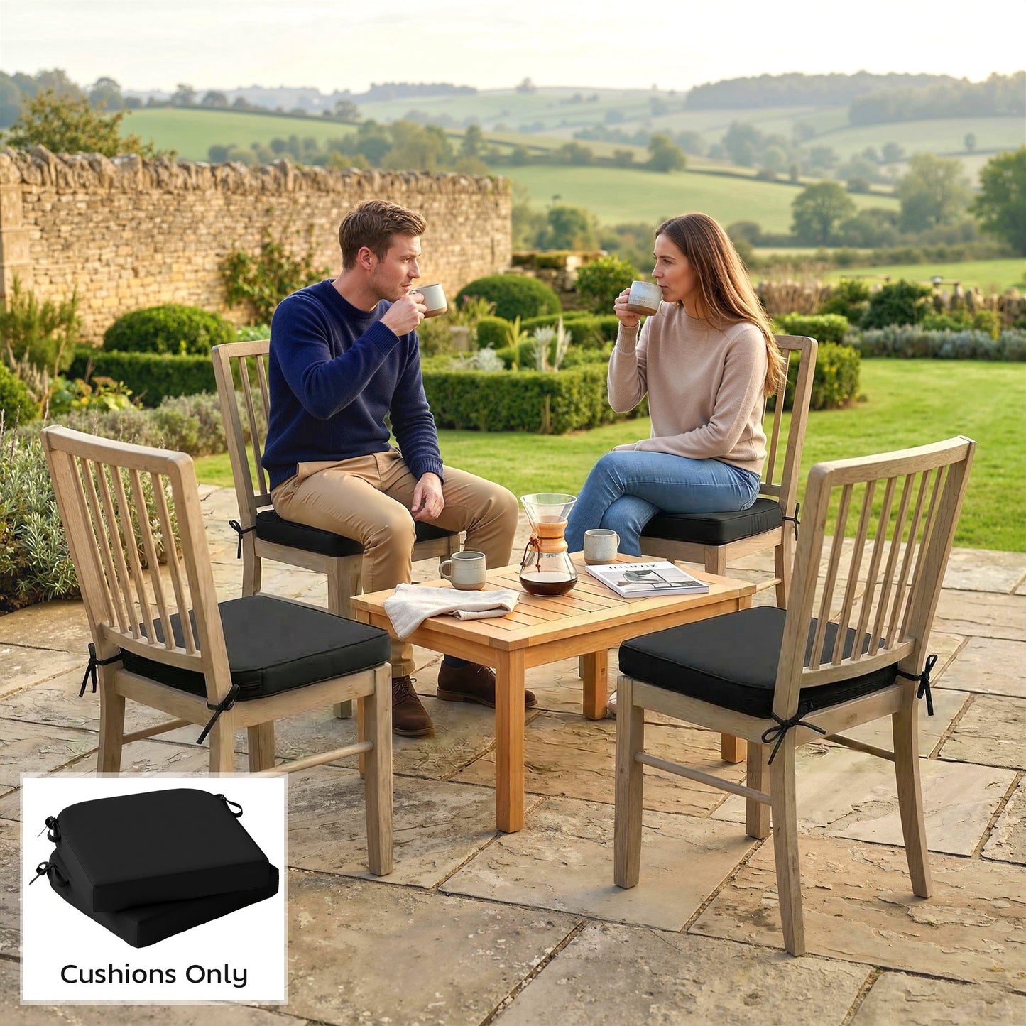 Outdoor Chair Seat Cushions Set of 2, Garden Chair Cushions with 7cm Thick Foam & Ties, Water Repellent and UV Resistant Covers for Patio Furniture 40x40cm, Black