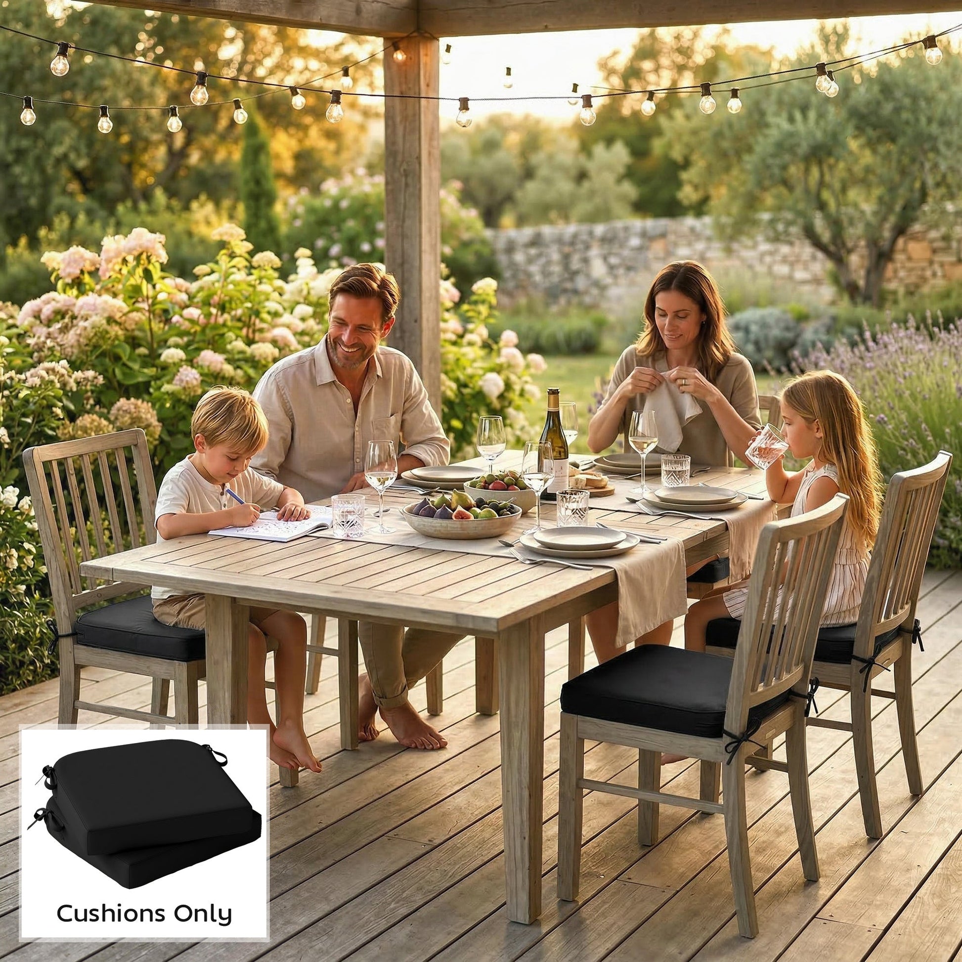 Outdoor Chair Seat Cushions Set of 2, Garden Chair Cushions with 7cm Thick Foam & Ties, Water Repellent and UV Resistant Covers for Patio Furniture 40x40cm, Black