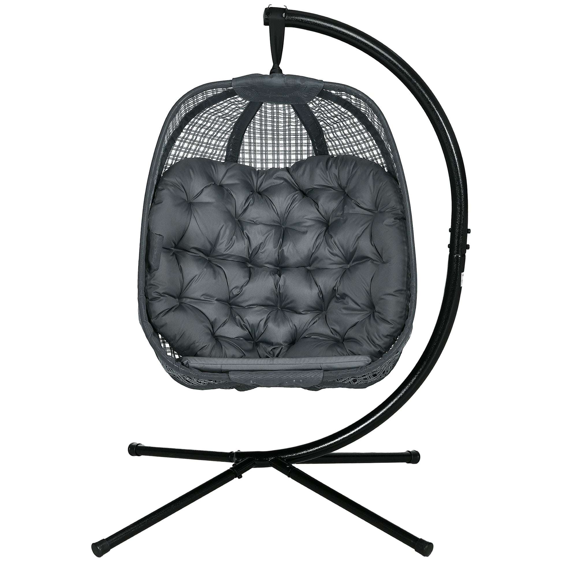 Outdoor Swing Chair with Thick Padded Cushion, Patio Hanging Chair with Metal Stand, Egg Chair with Foldable Basket, Cup Holder, for Indoor and Outdoor, Dark Grey