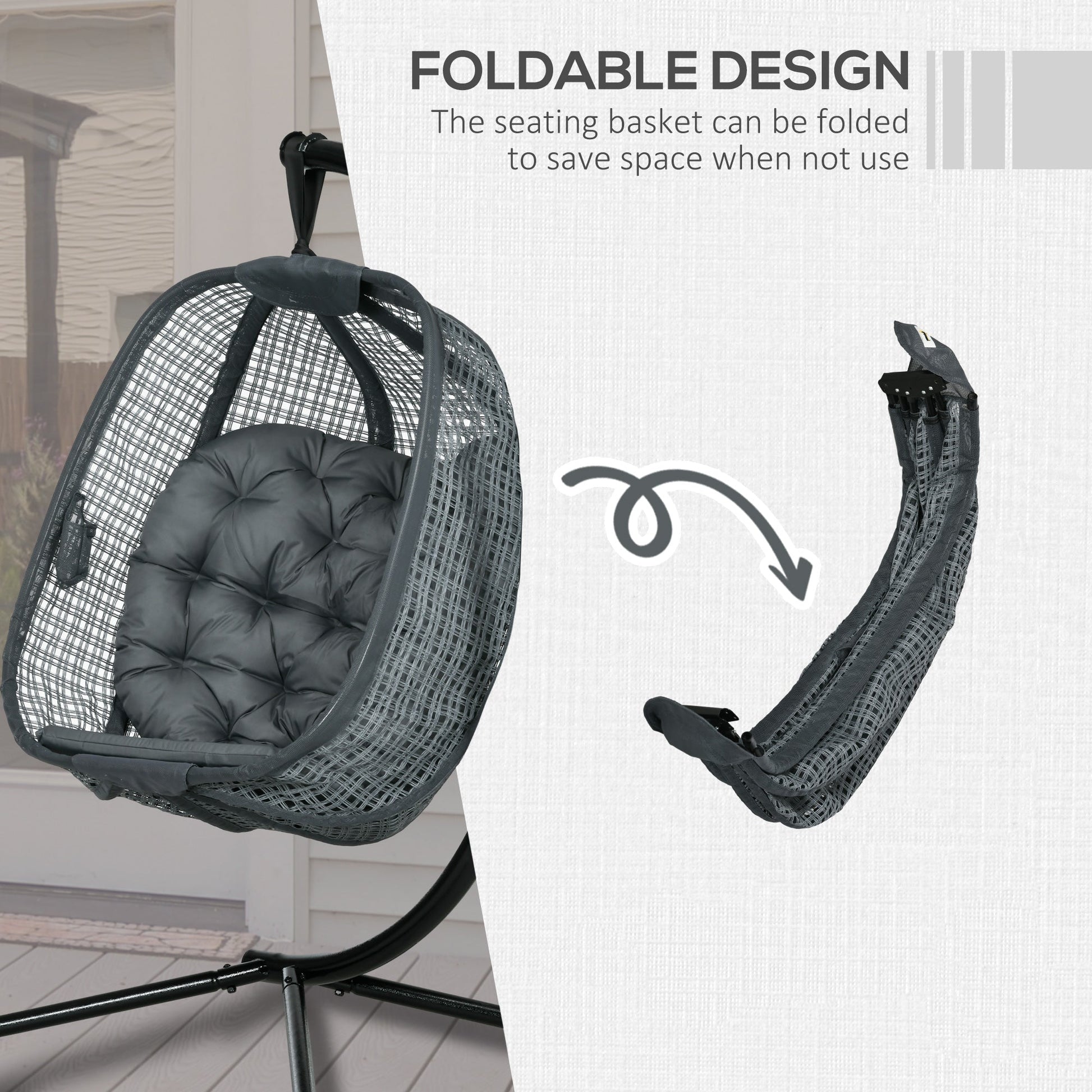 Outdoor Swing Chair with Thick Padded Cushion, Patio Hanging Chair with Metal Stand, Egg Chair with Foldable Basket, Cup Holder, for Indoor and Outdoor, Dark Grey
