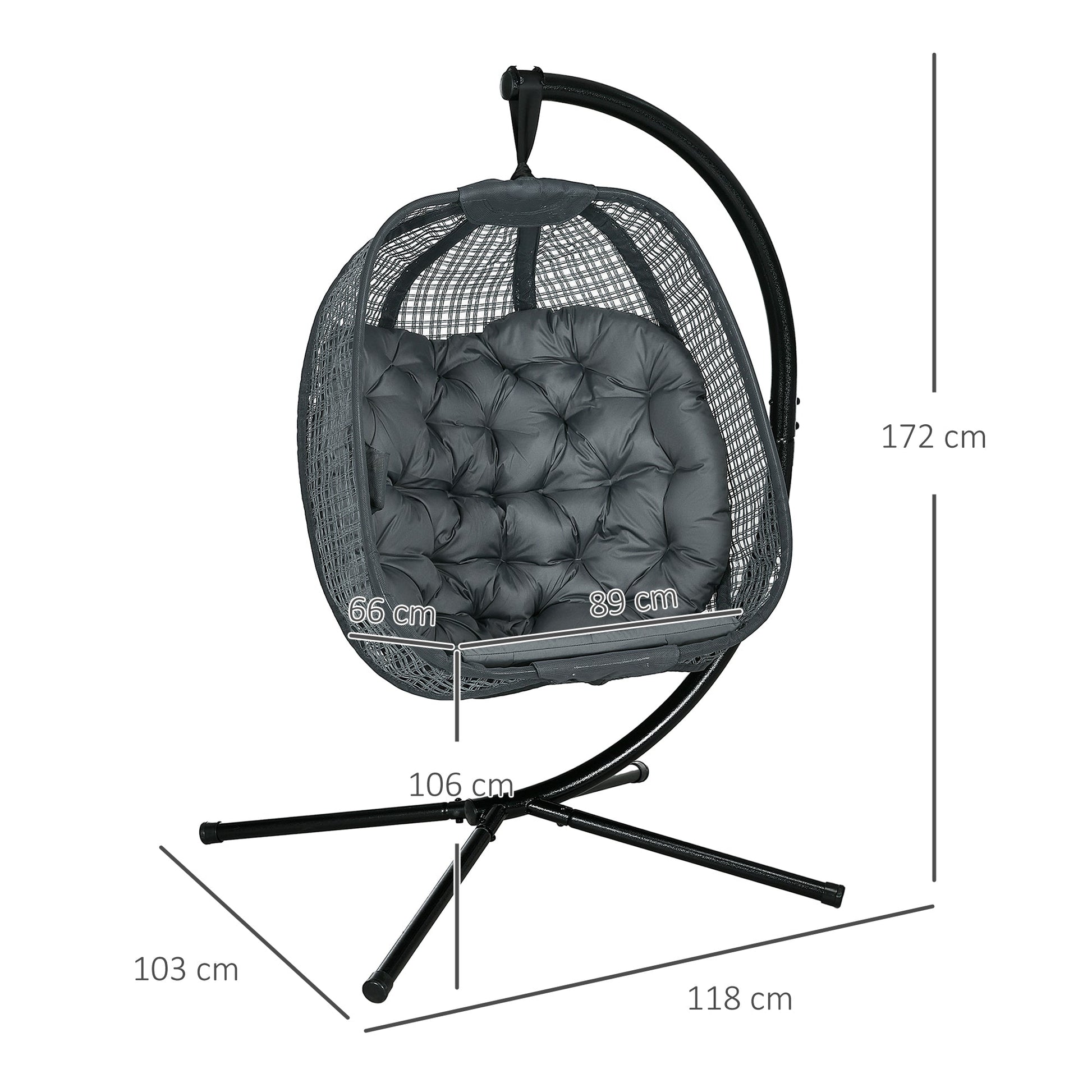 Outdoor Swing Chair with Thick Padded Cushion, Patio Hanging Chair with Metal Stand, Egg Chair with Foldable Basket, Cup Holder, for Indoor and Outdoor, Dark Grey