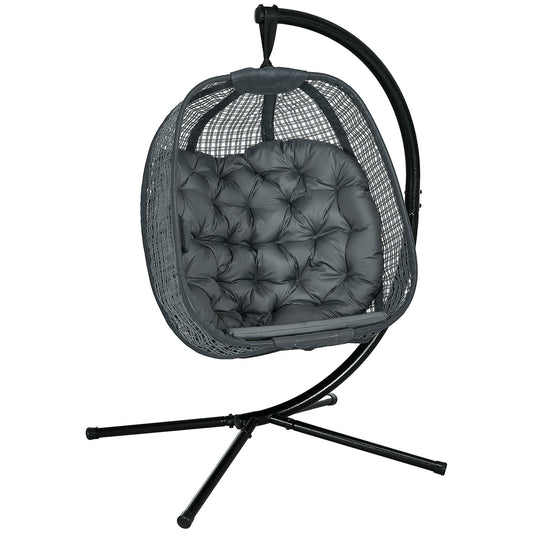 Outdoor Swing Chair with Thick Padded Cushion, Patio Hanging Chair with Metal Stand, Egg Chair with Foldable Basket, Cup Holder, for Indoor and Outdoor, Dark Grey