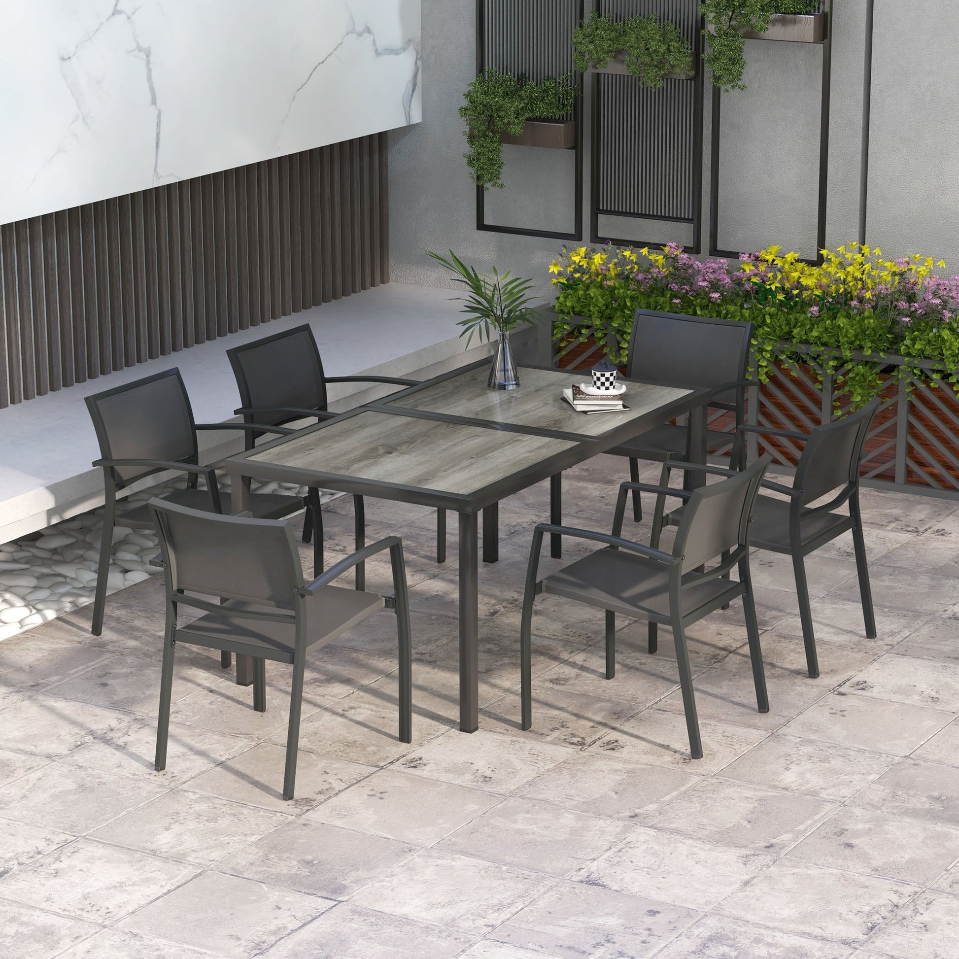 6 Seater Garden Dining Set, Stackable Armchairs and Wood-like Top Table, Space-Saving Outdoor Table and Chairs with Breathable Mesh Seat, Garden Furniture Set, Grey