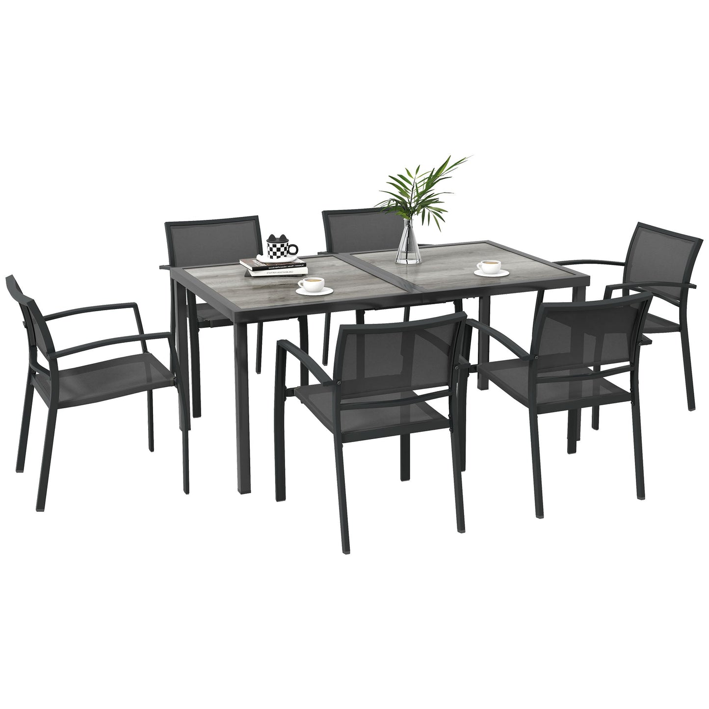 6 Seater Garden Dining Set, Stackable Armchairs and Wood-like Top Table, Space-Saving Outdoor Table and Chairs with Breathable Mesh Seat, Garden Furniture Set, Grey