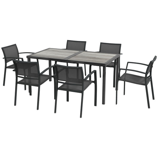 6 Seater Garden Dining Set, Stackable Armchairs and Wood-like Top Table, Space-Saving Outdoor Table and Chairs with Breathable Mesh Seat, Garden Furniture Set, Grey