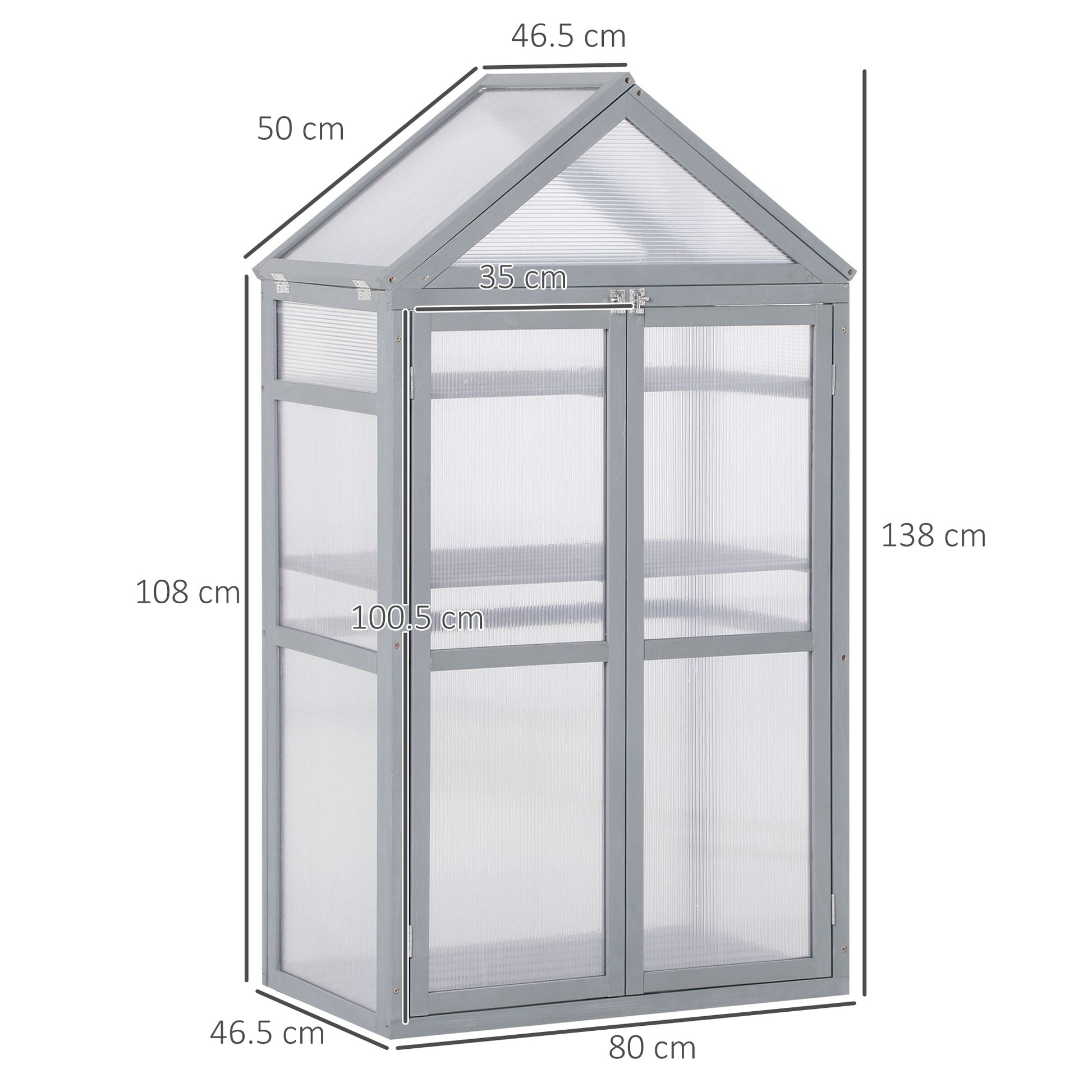 Garden Cold Frame Polycarbonate Greenhouse with Adjustable Shelves, Double Doors, Openable Top Covers, Grow House for Flower Vegetable Plants, 80 x 47 x 138cm, Grey