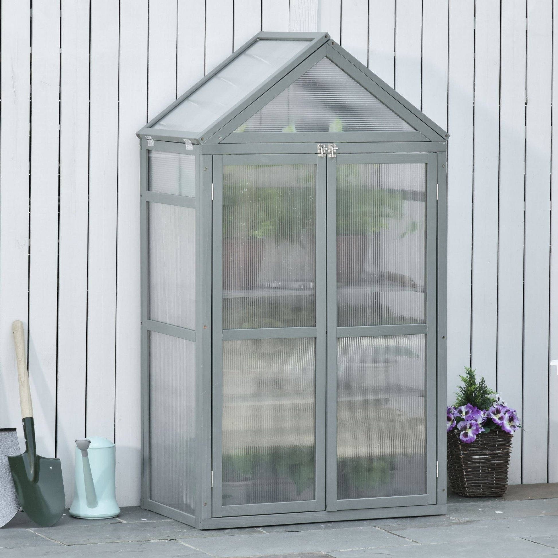 Garden Cold Frame Polycarbonate Greenhouse with Adjustable Shelves, Double Doors, Openable Top Covers, Grow House for Flower Vegetable Plants, 80 x 47 x 138cm, Grey