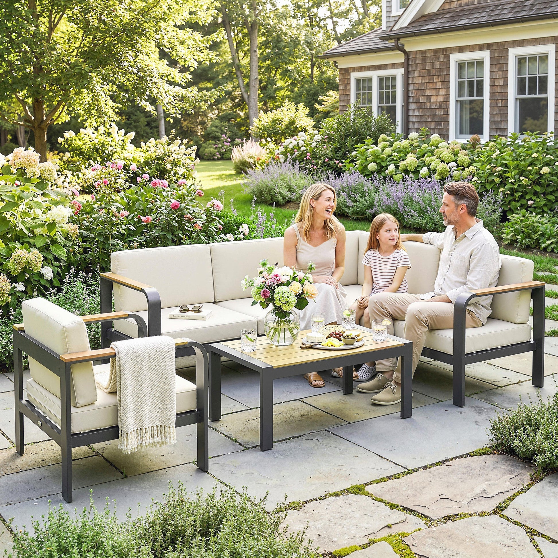 3 Pieces Garden Furniture Set with L-Shaped Sofa, Armchair and Coffee Table, Aluminium Garden Corner Sofa Set with Olefin Seat & Back Cushions, Wood Plastic Tabletop and Armrests, Beige