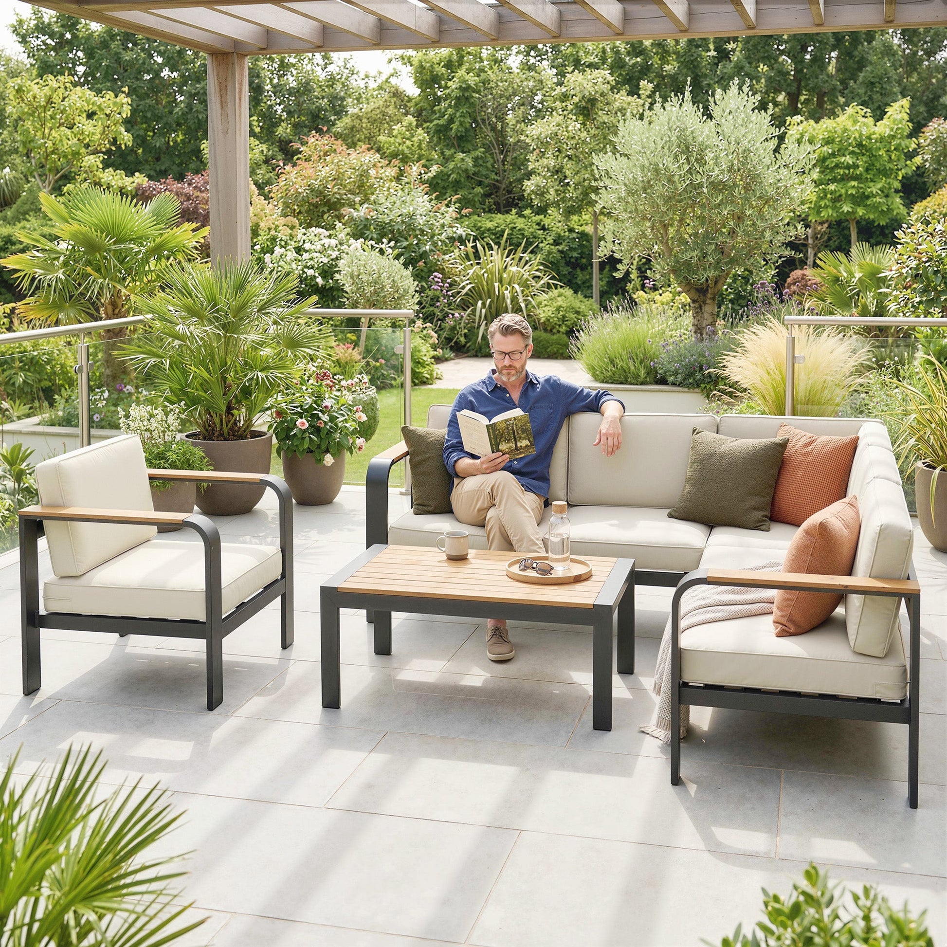 3 Pieces Garden Furniture Set with L-Shaped Sofa, Armchair and Coffee Table, Aluminium Garden Corner Sofa Set with Olefin Seat & Back Cushions, Wood Plastic Tabletop and Armrests, Beige
