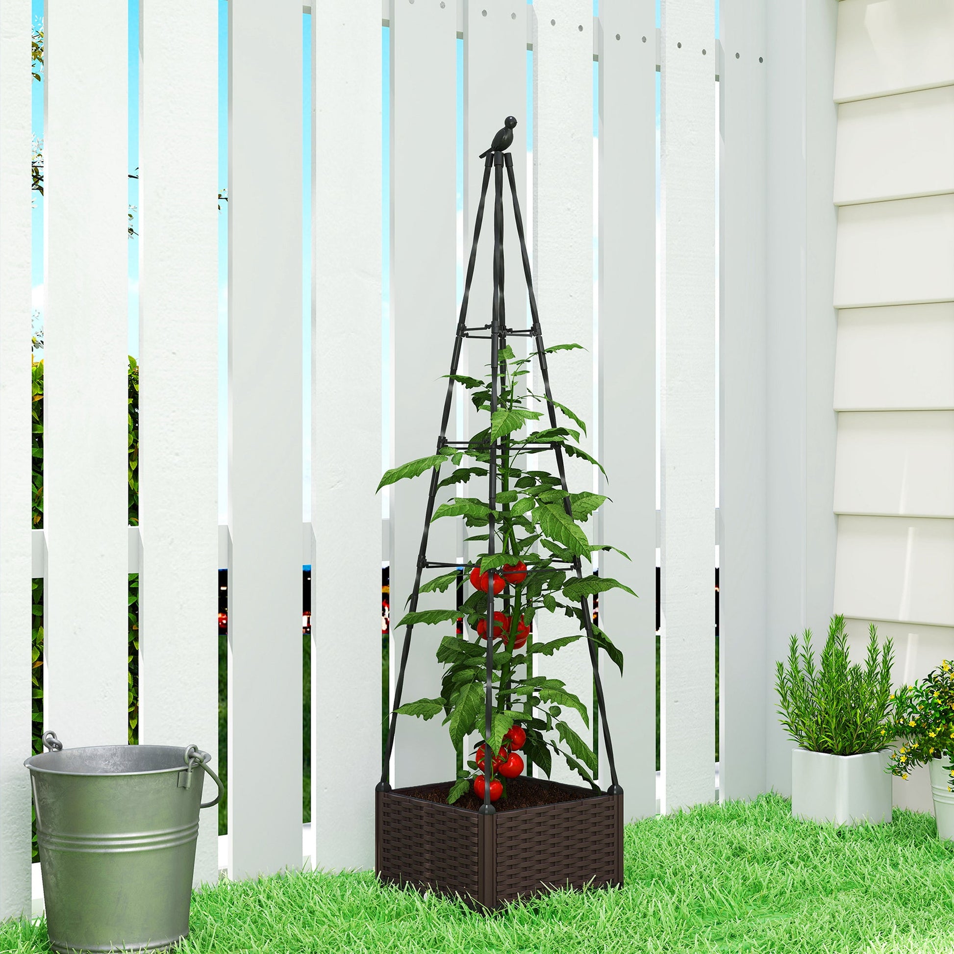 Raised Bed for Garden, Raised Garden Bed Planter Box with Trellis and Self Watering, Tomato Cage with Drainage Holes and Plugs for Climbing Plants Flowers Vegetable Herbs, 40 x 40 x 175 cm
