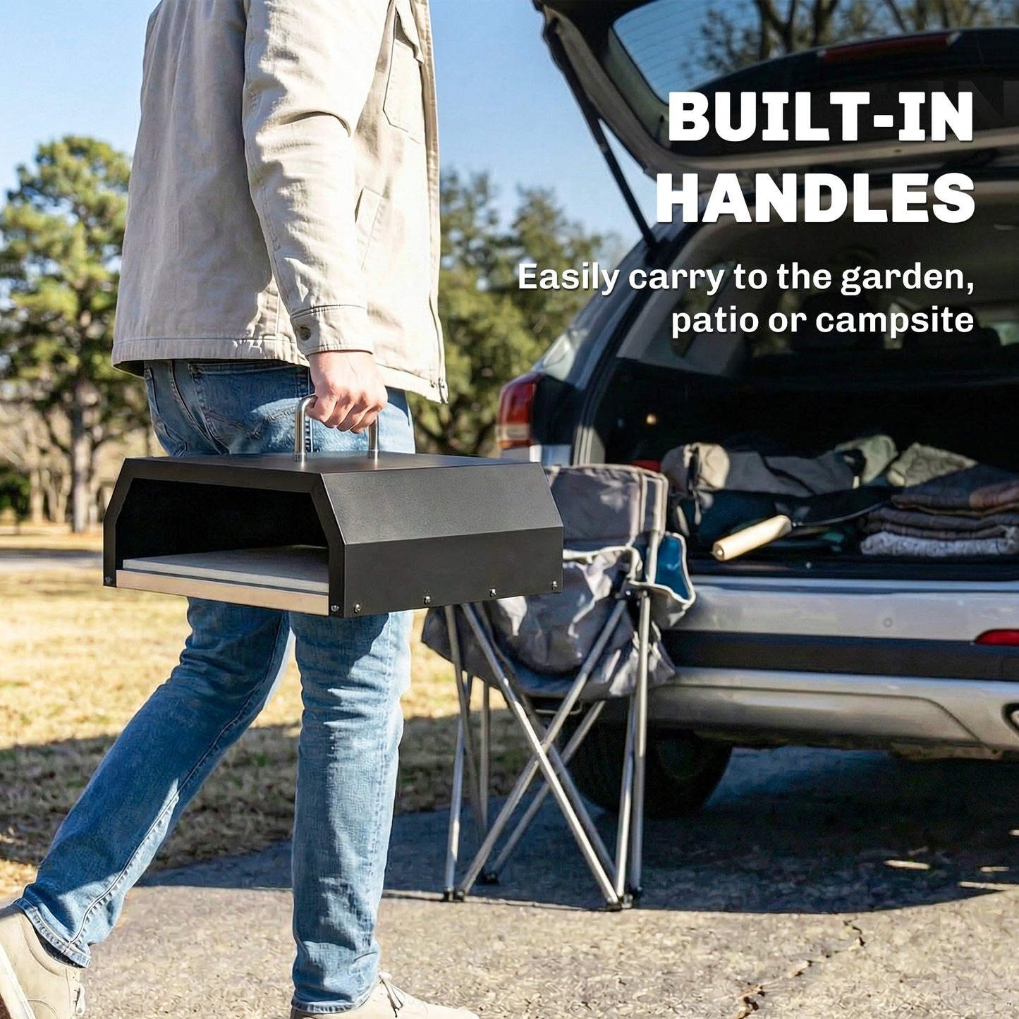 3 in 1 Outdoor Pizza Oven, Portable Wood Fired Pizza Maker with Handles, Stone and Peel, Charcoal BBQ Grill for Garden, Party, Camping, Picnic