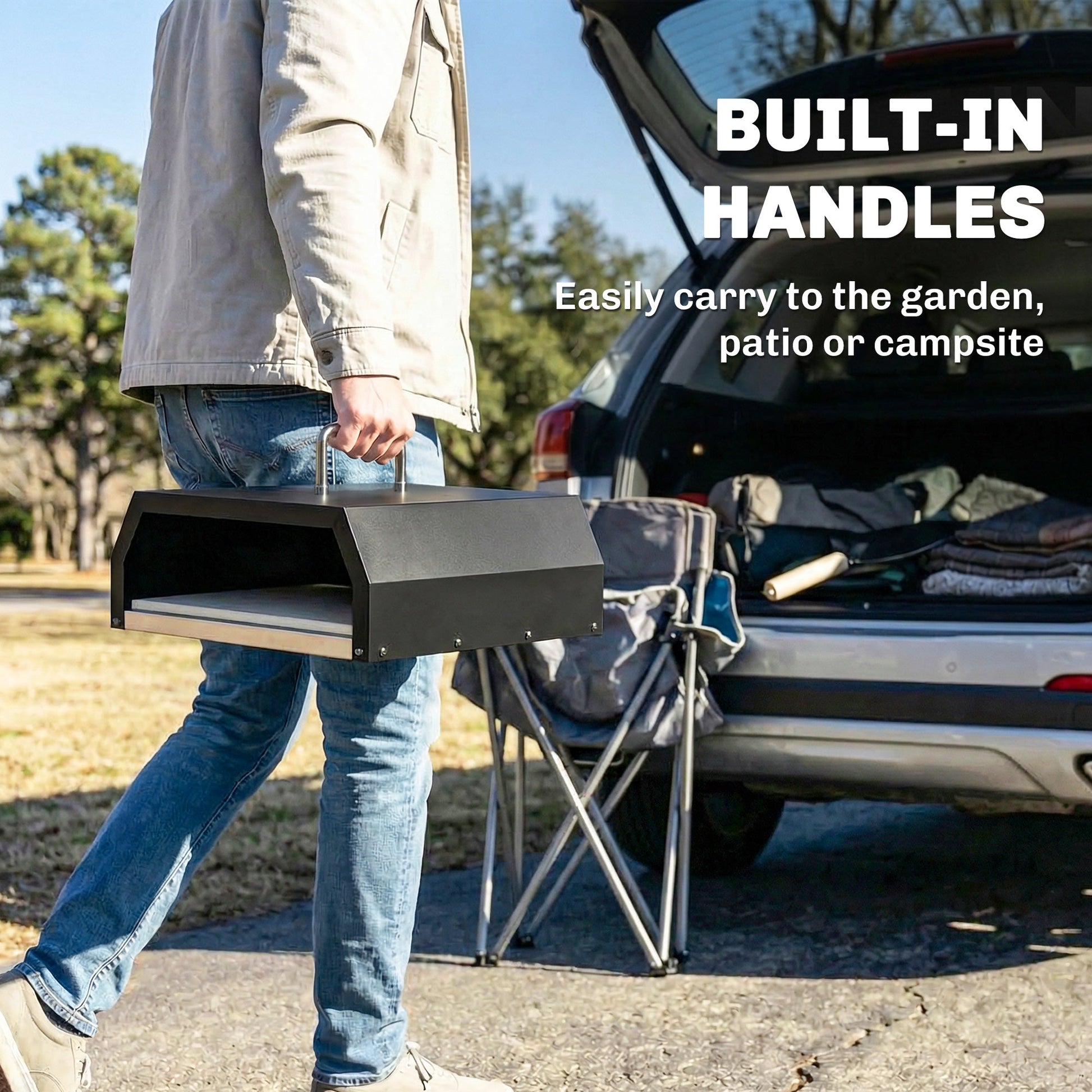 3 in 1 Outdoor Pizza Oven, Portable Wood Fired Pizza Maker with Handles, Stone and Peel, Charcoal BBQ Grill for Garden, Party, Camping, Picnic