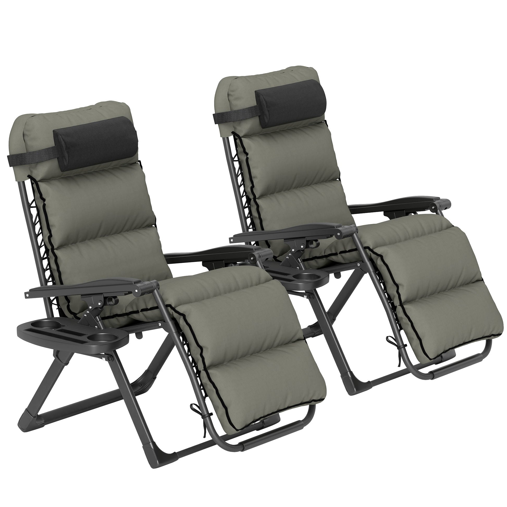 Zero Gravity Chairs Set of 2, Folding Reclining Garden Chair, Outdoor Sun Lounger with Cushion, Garden Recliner Chairs with Headrest and Cup Phone Holder Tray for Beach, Grey