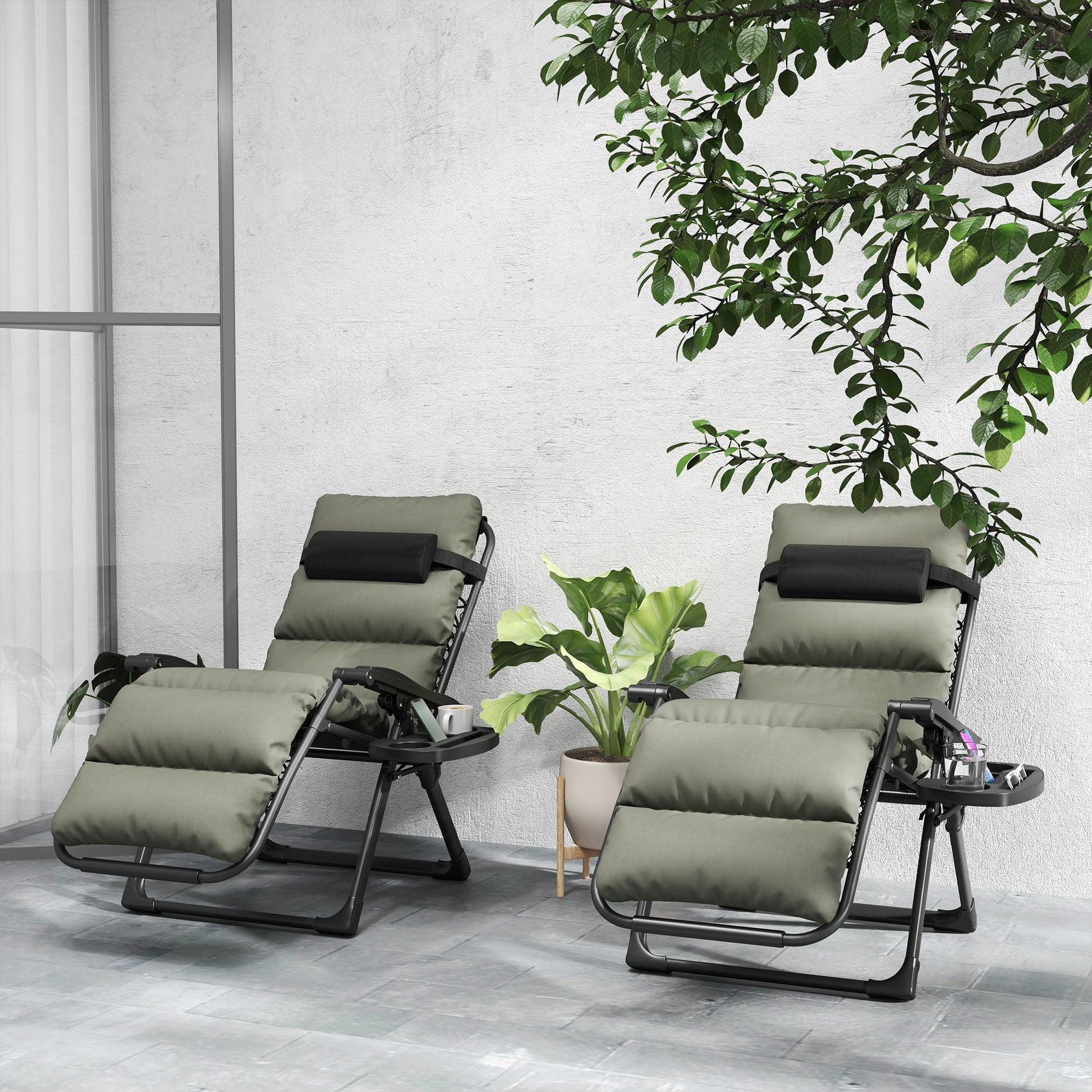 Zero Gravity Chairs Set of 2, Folding Reclining Garden Chair, Outdoor Sun Lounger with Cushion, Garden Recliner Chairs with Headrest and Cup Phone Holder Tray for Beach, Grey