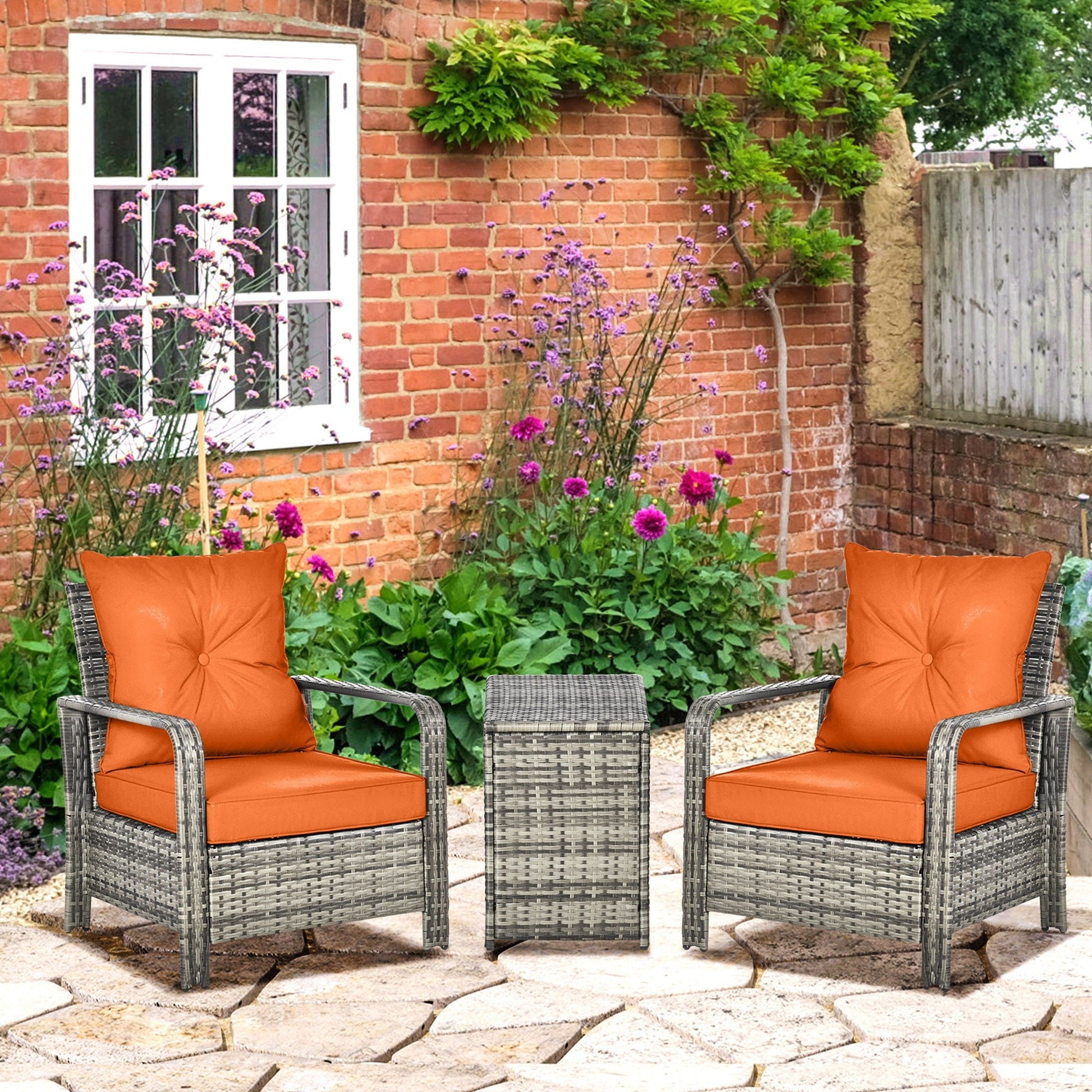 3 Pieces Rattan Bistro Set, Wicker Garden Furniture Set with Storage 
 Coffee Table and Chairs, Thickened Cushions for Outdoor, Patio, Balcony, Orange
