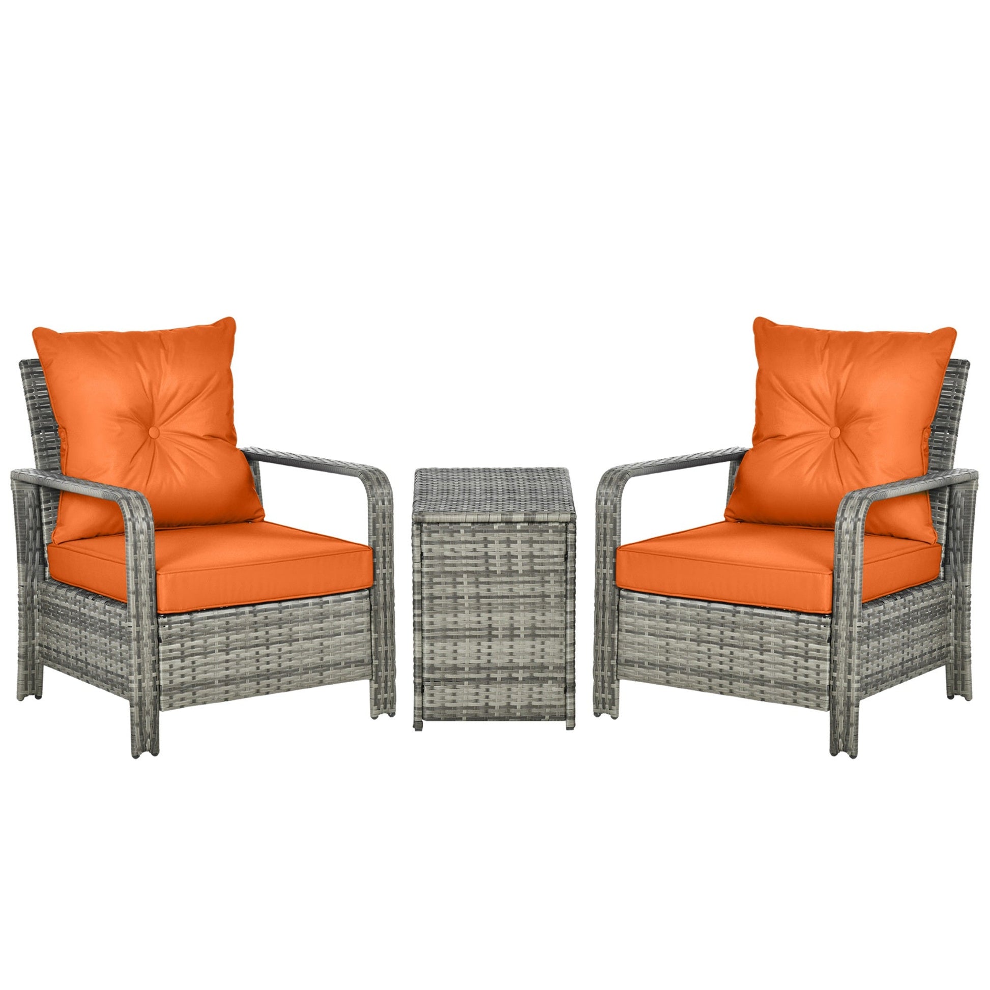 3 Pieces Rattan Bistro Set, Wicker Garden Furniture Set with Storage 
 Coffee Table and Chairs, Thickened Cushions for Outdoor, Patio, Balcony, Orange